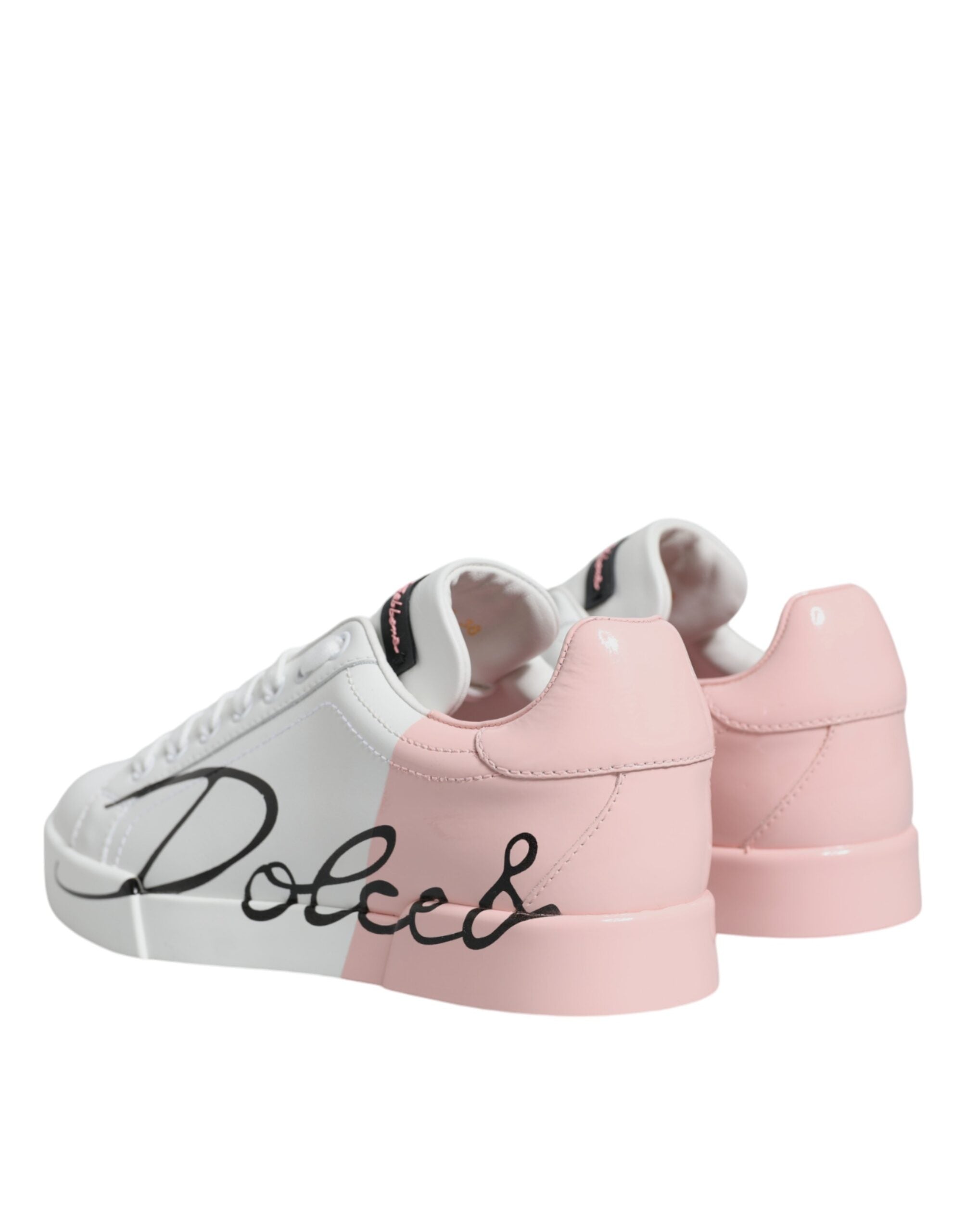Chaussures sneakers basses Dolce & Gabbana Portofino blanches et roses, vue de face, en cuir avec talon plat.