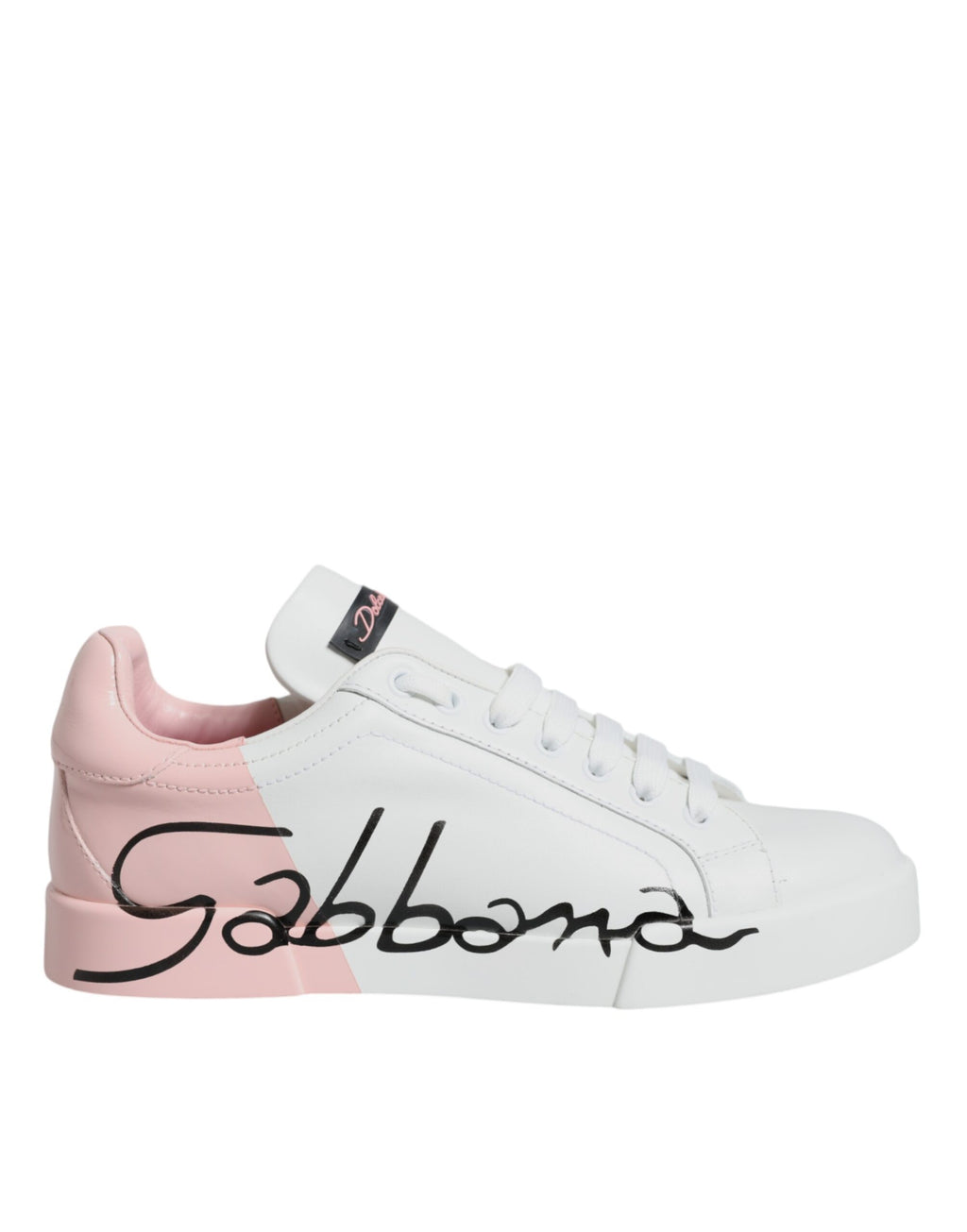 Chaussures basses blanches et roses Dolce & Gabbana Portofino, baskets tendance en cuir avec design élégant.