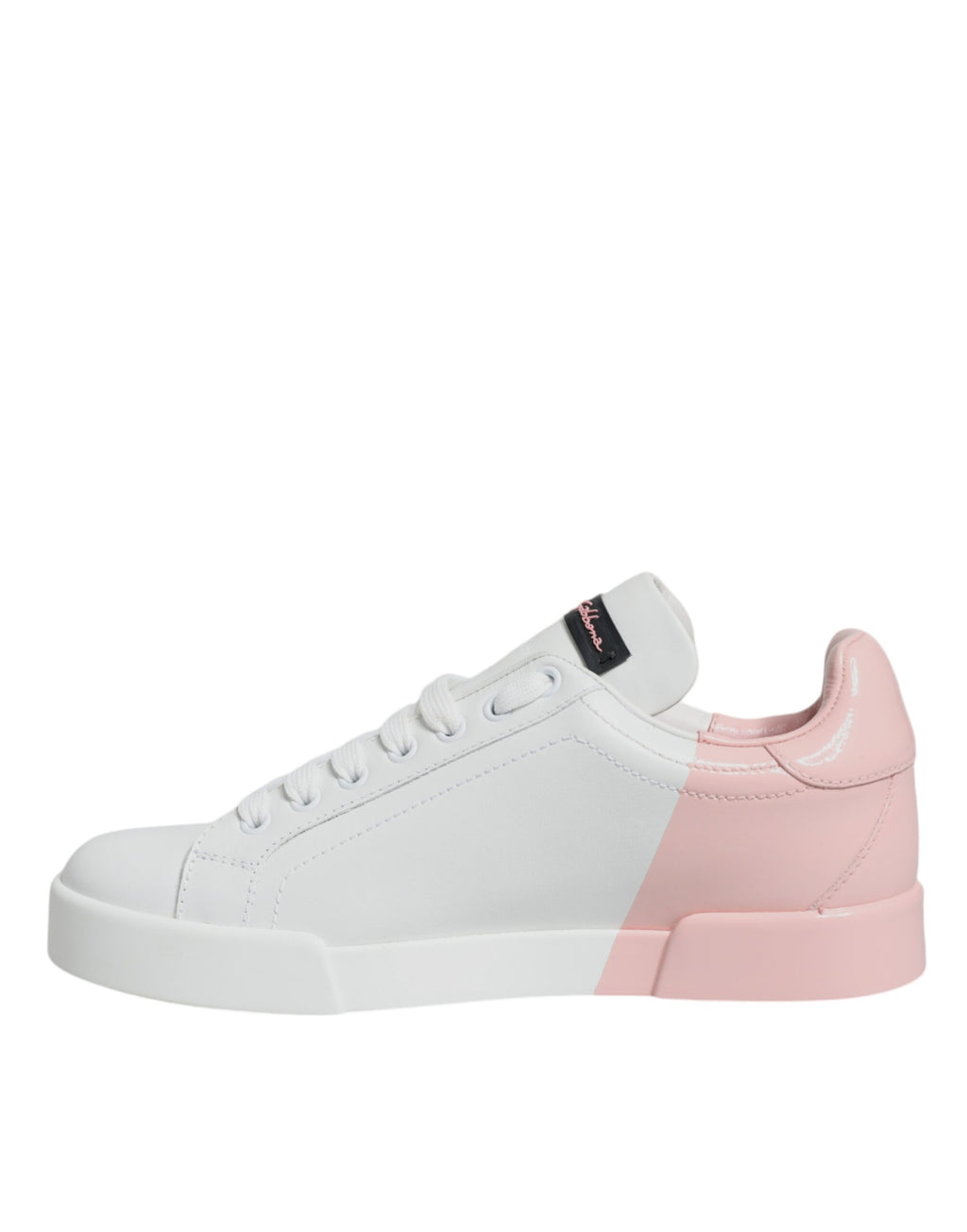 Chaussures basses portofino blanches et roses Dolce & Gabbana, sneakers élégants en toile avec semelle blanche et détails colorés.