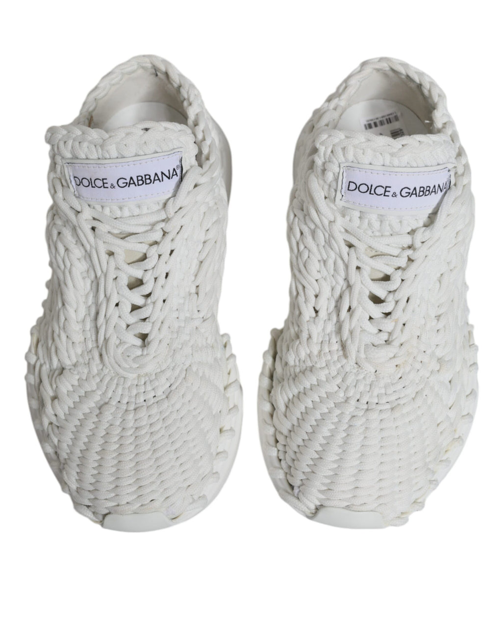 Chaussures sneakers blanches Dolce & Gabbana Daymaster, tricotées, vue de face avec détails en tissu et semelle blanche.
