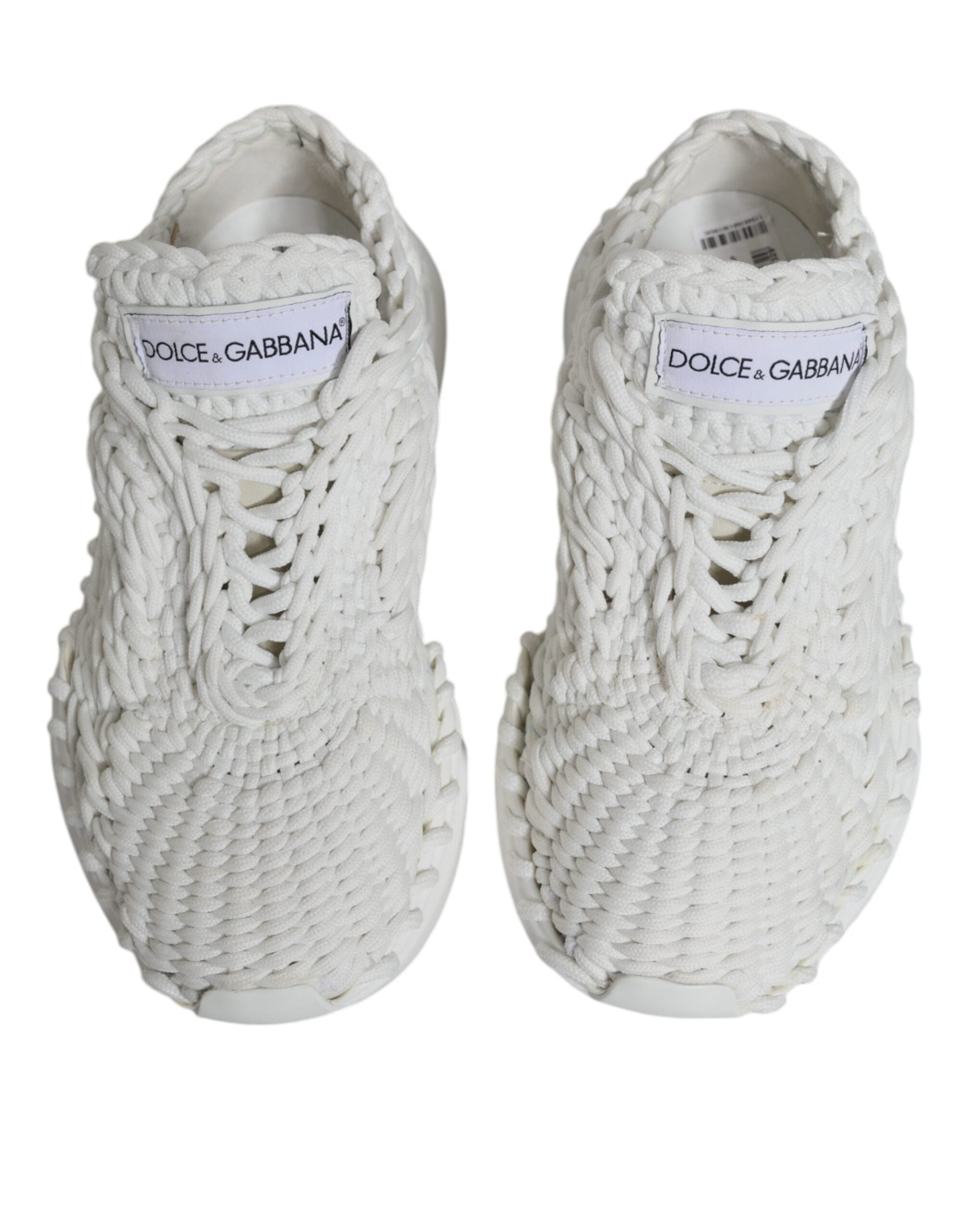Chaussures sneakers blanches Dolce & Gabbana Daymaster, tricotées, vue de face avec détails en tissu et semelle blanche.