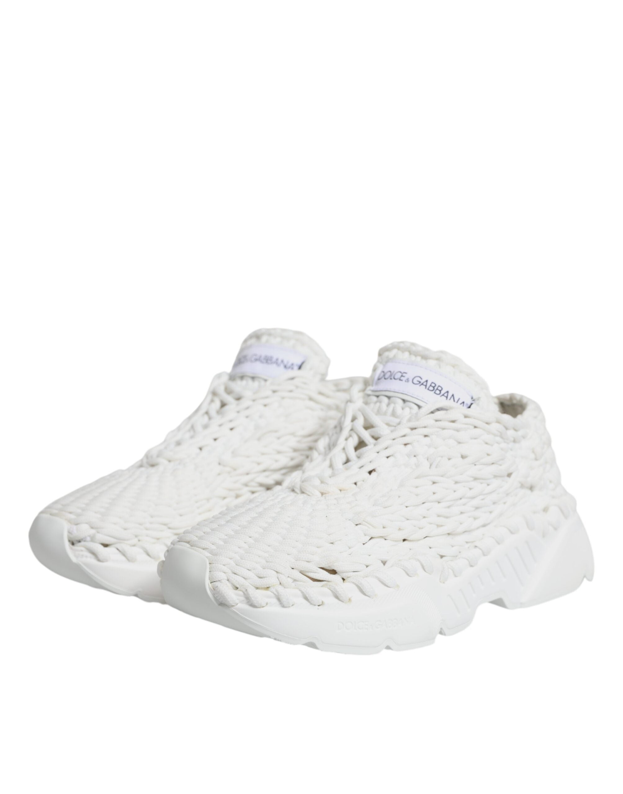 Chaussures sneakers blanches Dolce & Gabbana Daymaster en tricot, vue de côté, détails de la semelle et du design élégant.