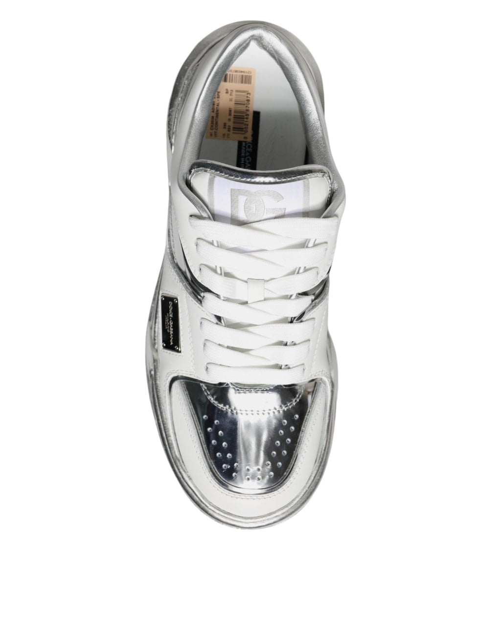Sneakers basses en cuir blanc et argent de Dolce & Gabbana, chaussures de sport élégantes et modernes pour hommes.