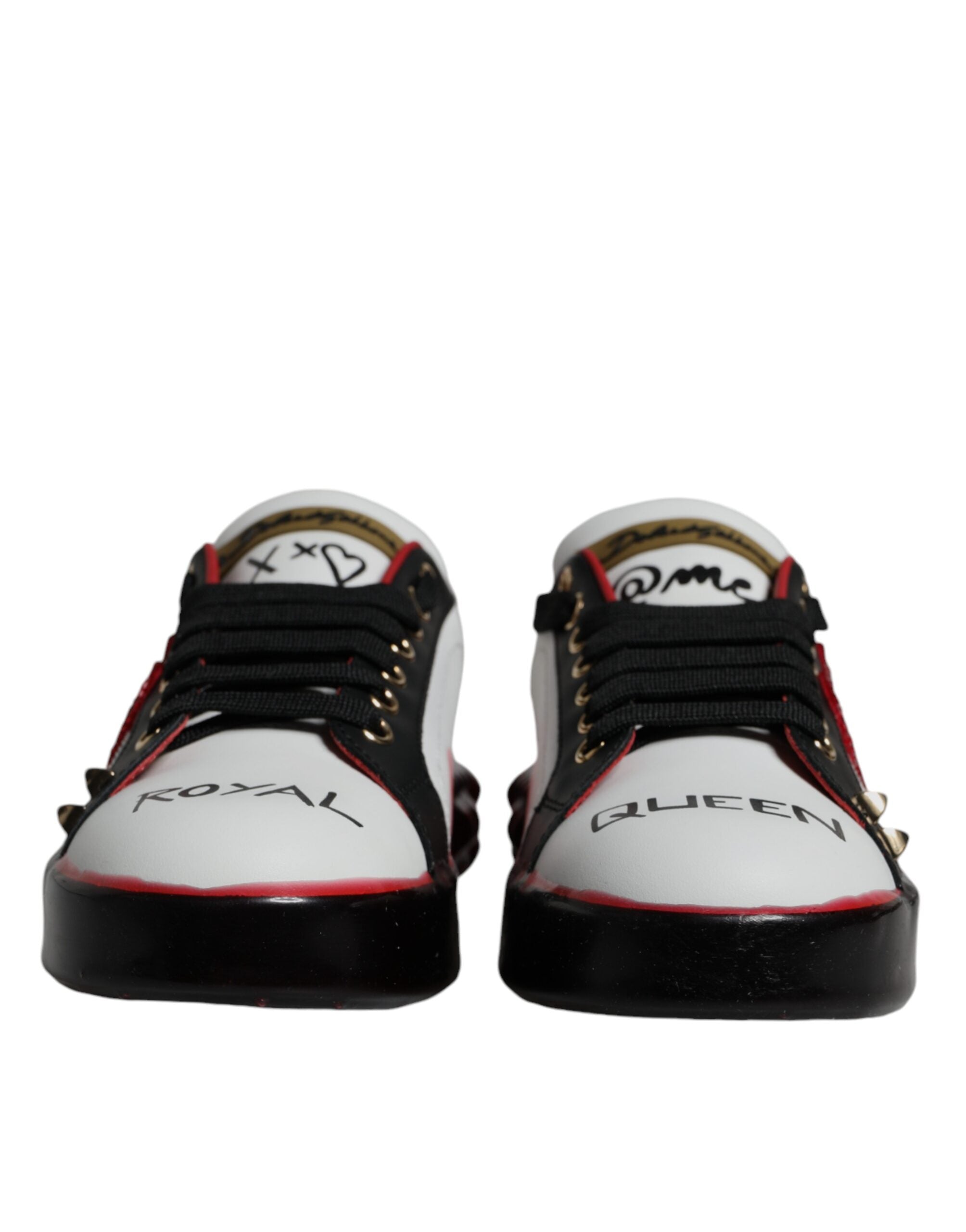 Chaussures portofino en cuir blanc avec cristaux rouges et détails Dolce & Gabbana, sneakers élégants pour femmes.