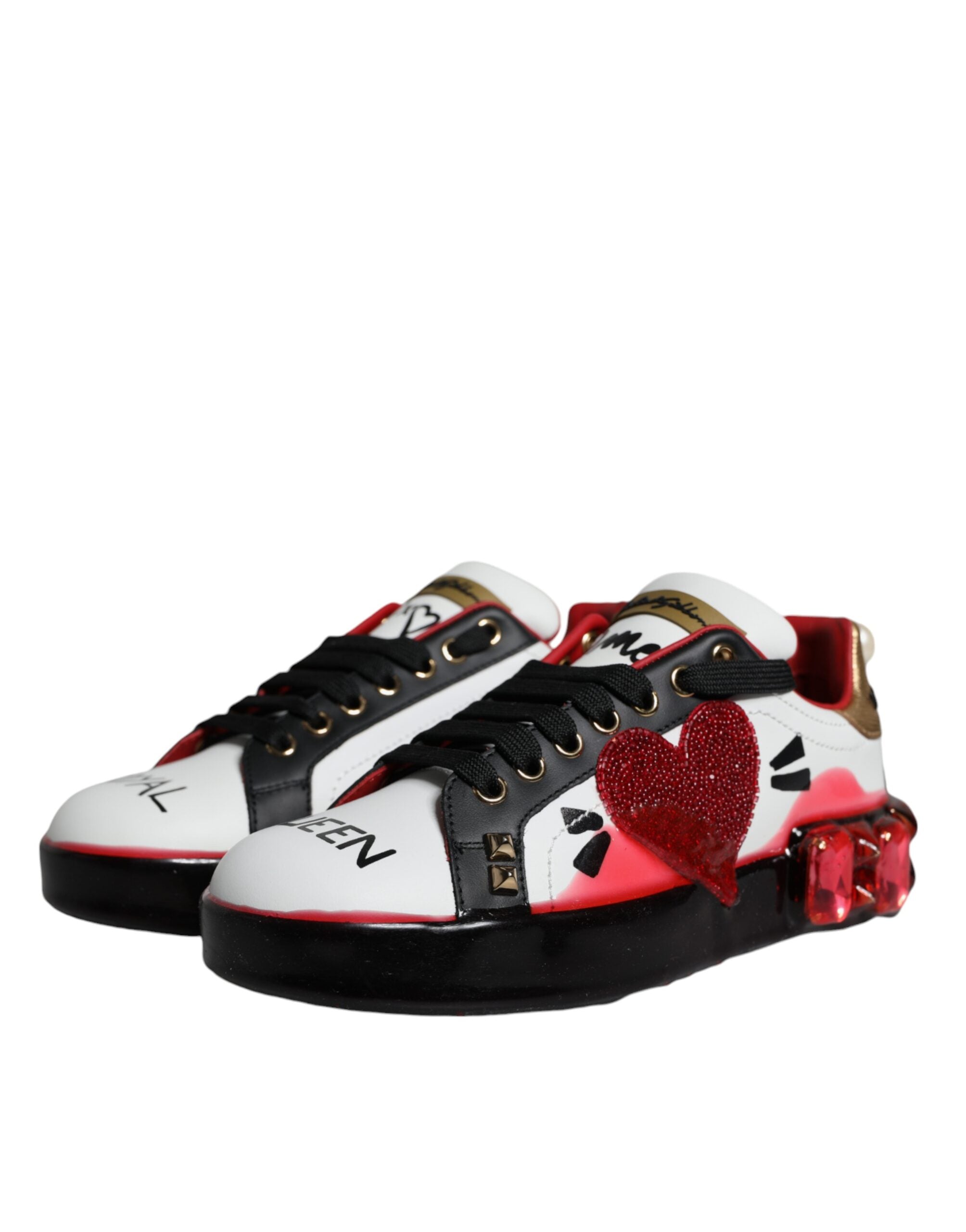 Sneakers Portofino blanches et rouges en cuir Dolce & Gabbana avec cristaux, chaussures élégantes et tendance.