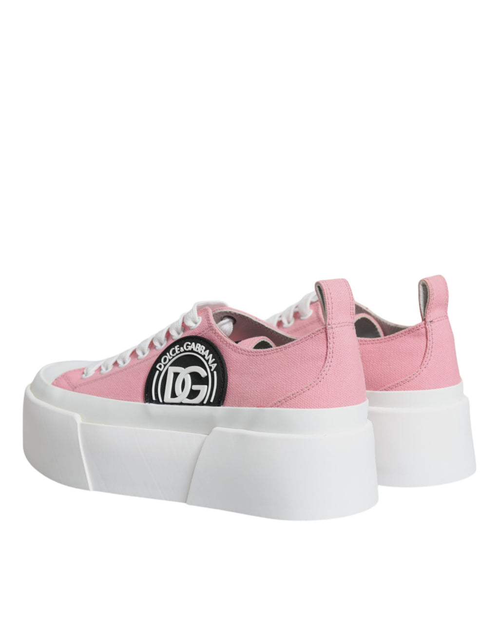 Chaussures basses en toile blanche et rose Dolce & Gabbana avec logo, sneakers élégants pour femme.