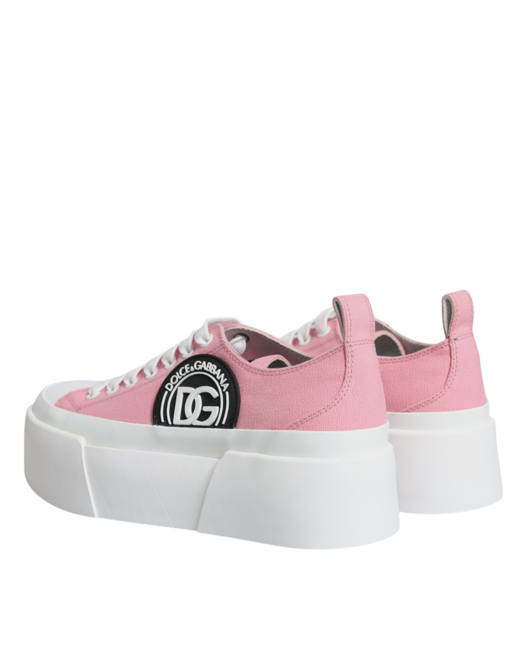 Chaussures basses en toile blanche et rose Dolce & Gabbana avec logo, sneakers élégants pour femme.