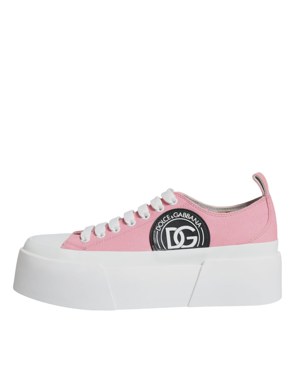 Chaussures basses en toile blanche et rose Dolce & Gabbana avec logo, sneakers élégants pour femme.