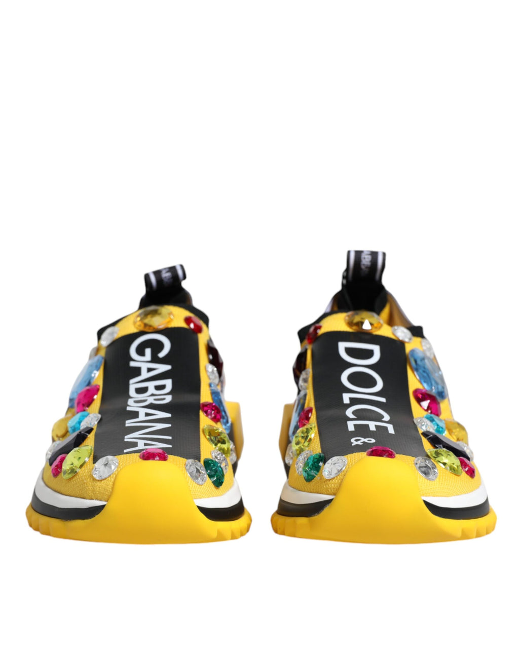 Chaussures sneakers basses jaunes Dolce & Gabbana Sorrento avec cristaux, vue de face sur fond blanc.