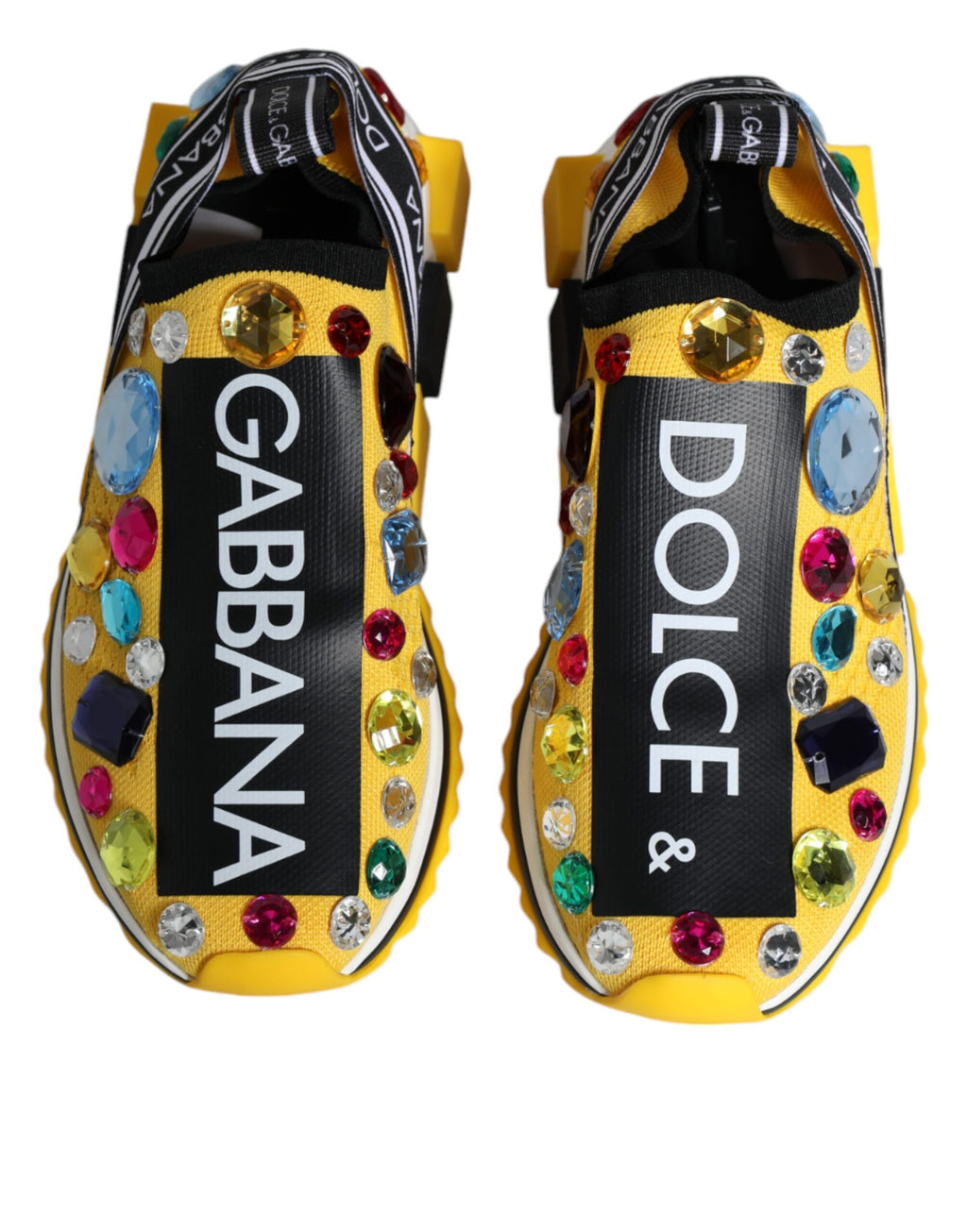 Chaussures basses Dolce & Gabbana Sorrento jaunes avec cristaux, sneakers en cuir à lacets et semelle blanche.