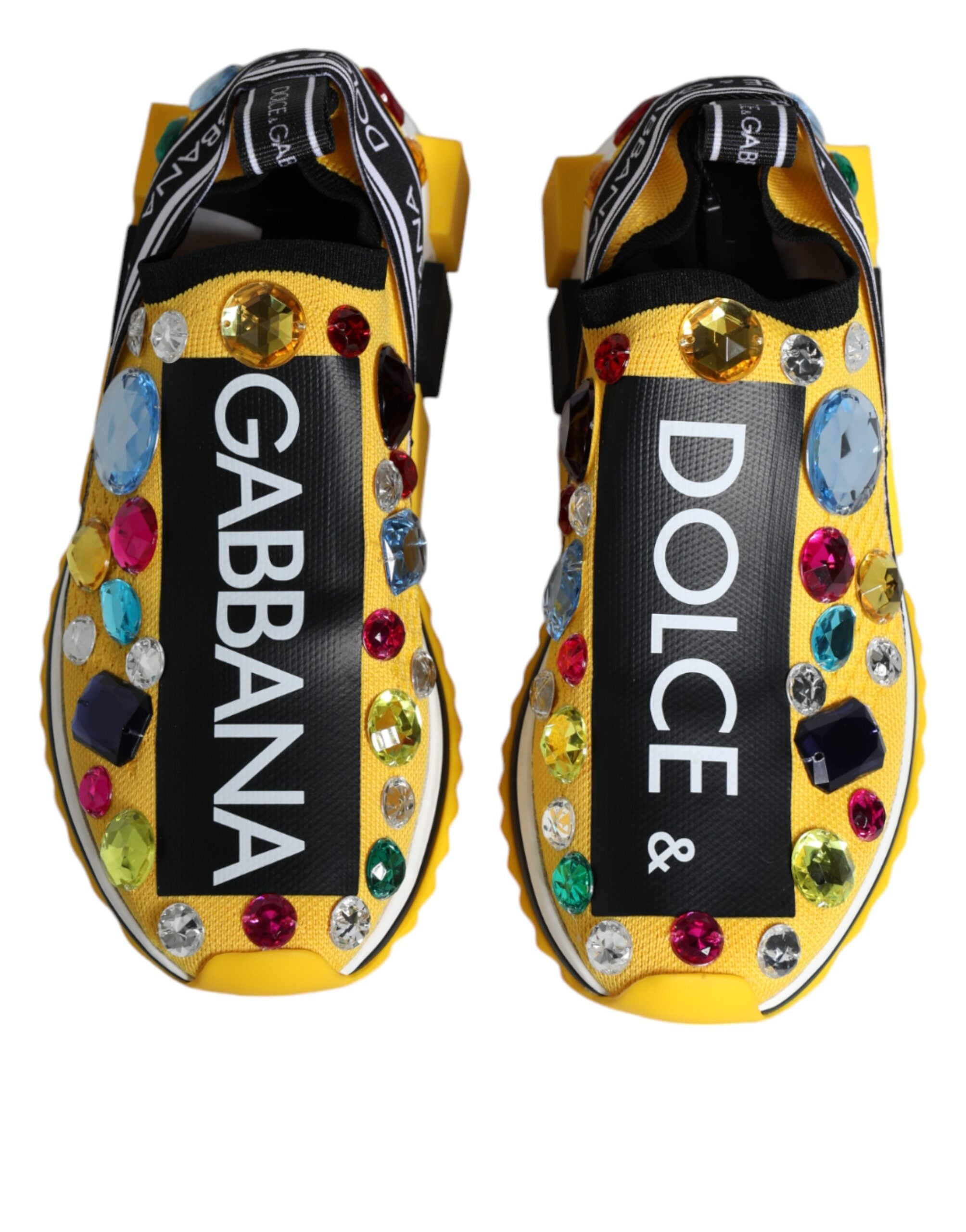 Chaussures basses Dolce & Gabbana Sorrento jaunes avec cristaux, sneakers en cuir à lacets et semelle blanche.