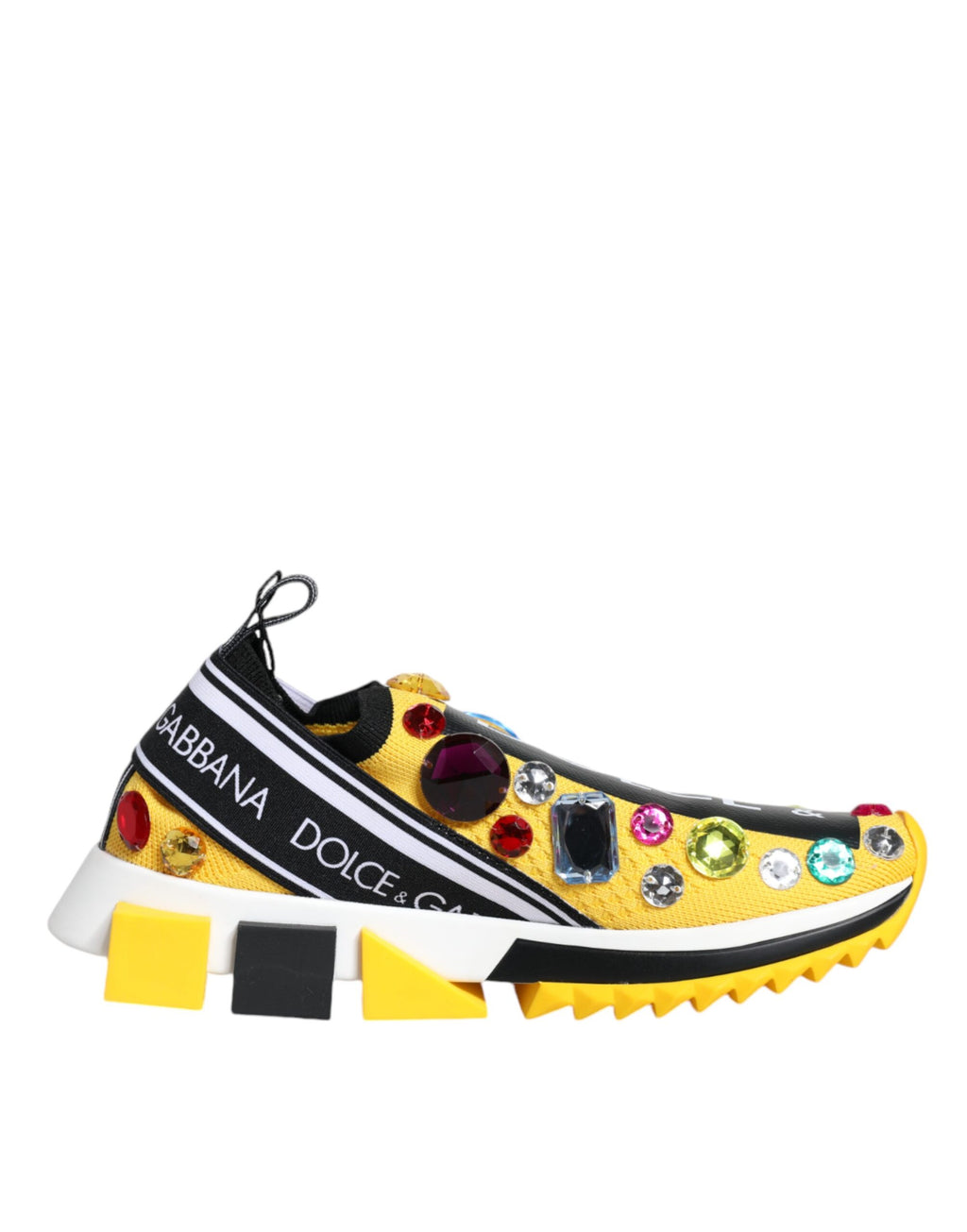 Chaussures sneakers basses Dolce & Gabbana Sorrento jaunes ornées de cristaux, vue de face dans une image claire.