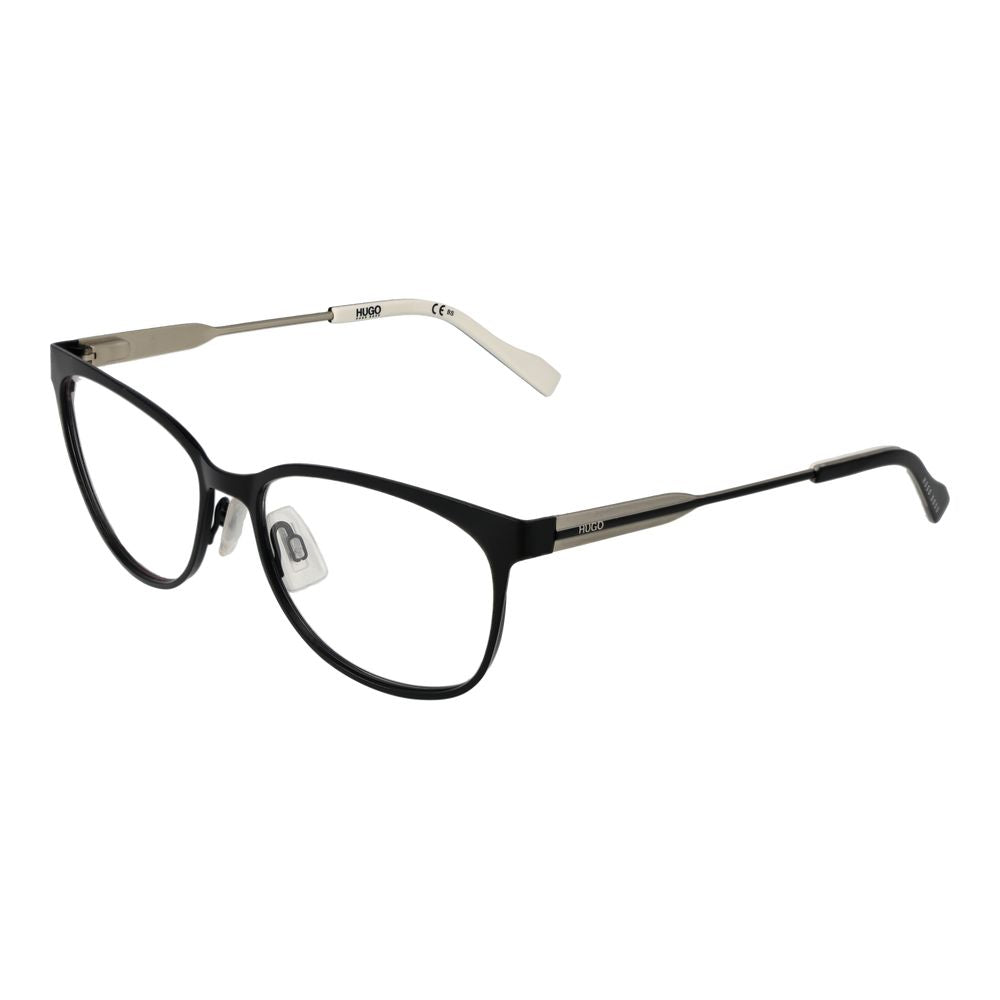 Lunettes Hugo Boss en acier inoxydable noir avec monture élégante, vue de face dans une image claire.