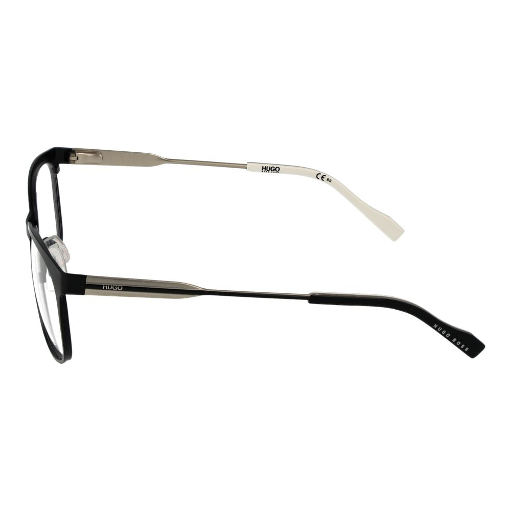 Lunettes en acier inoxydable noir de Hugo Boss avec monture élégante et moderne, vues de face.