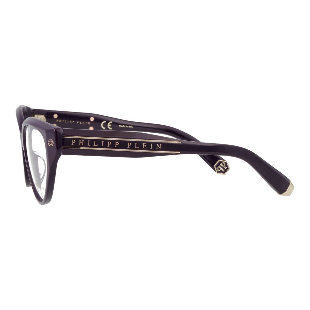 Lunettes à monture en acétate de cellulose violet de la marque Philipp Plein, vue de face avec détails de style.