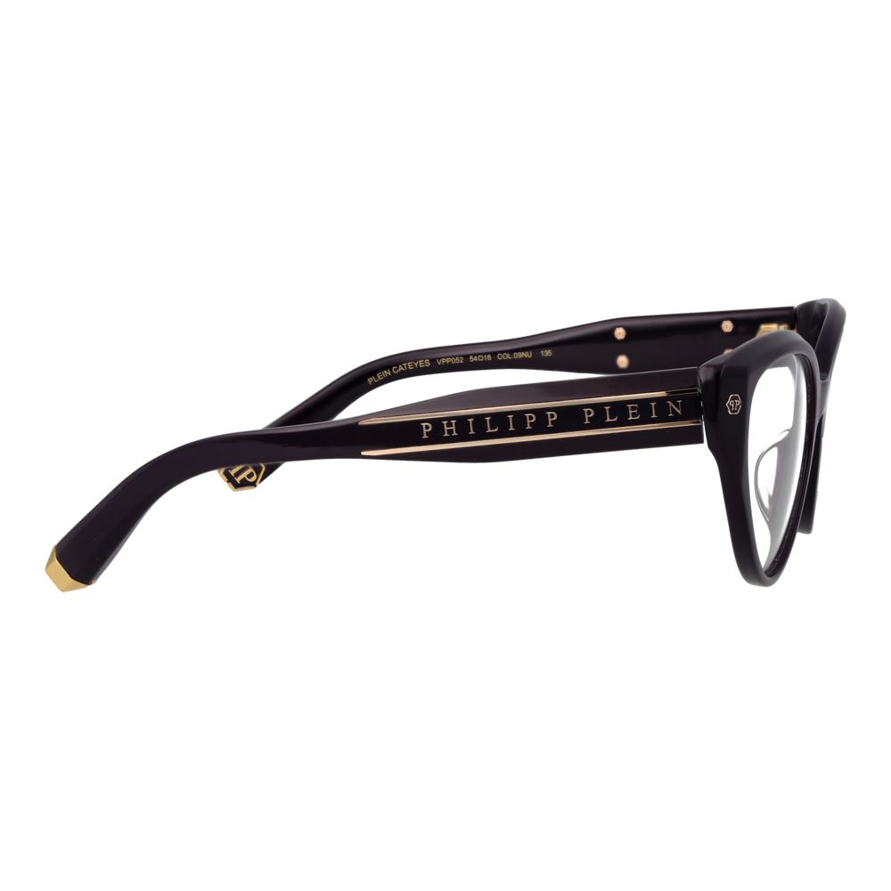 Lunettes en acétate violet de Philipp Plein avec monture en verre élégante et moderne, visibles en gros plan.