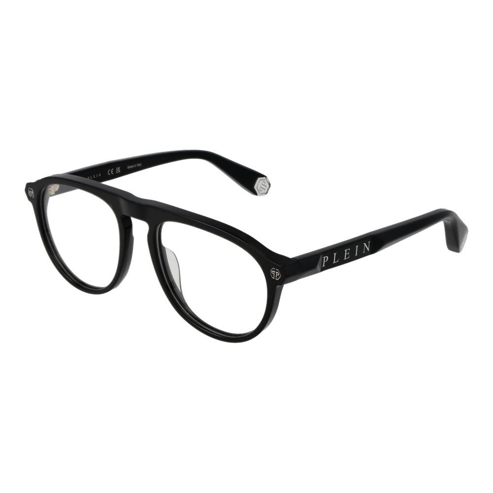 Lunettes Philipp Plein en acétate de cellulose noires avec monture élégante et moderne, vues de face.