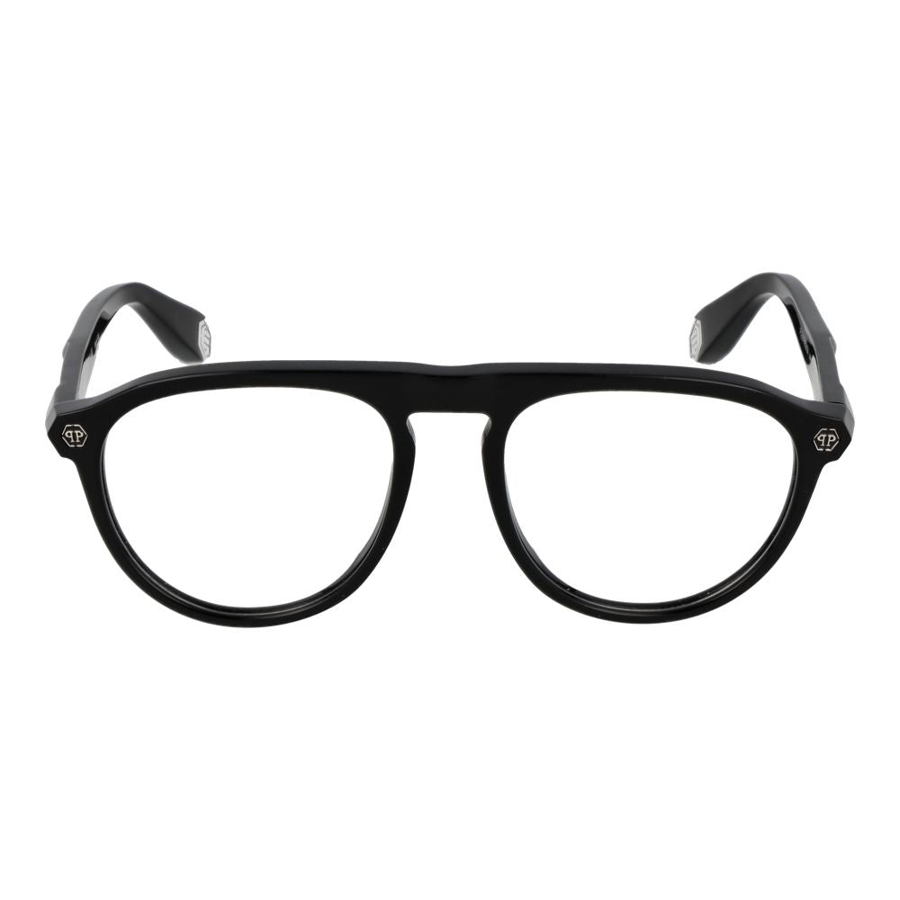 Lunettes Philipp Plein en acétate de cellulose noires avec monture élégante et moderne, vue de face.