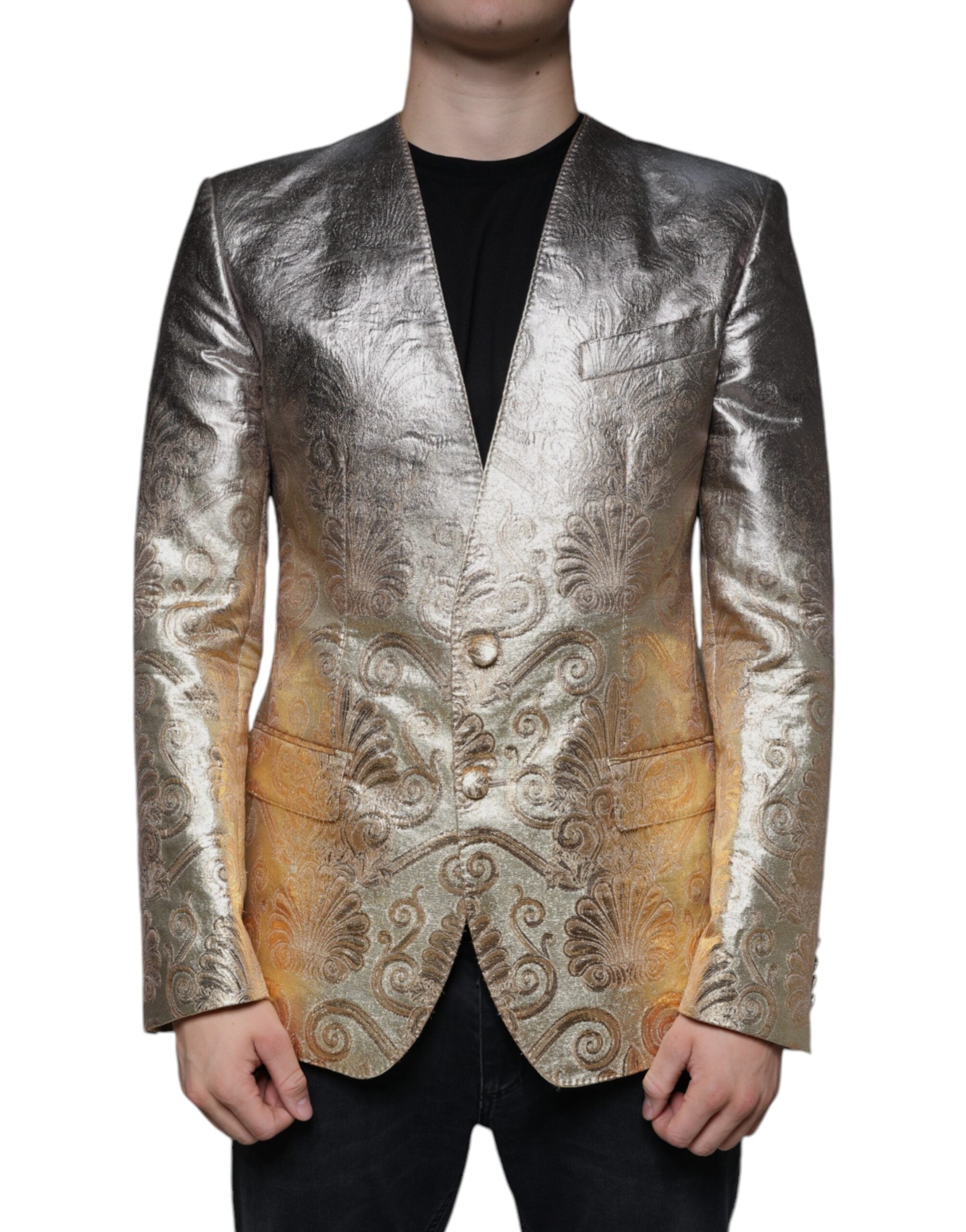 Blazer femme Dolce & Gabbana en jacquard doré, à coupe simple et boutonnage single breasted, élégant et sophistiqué.