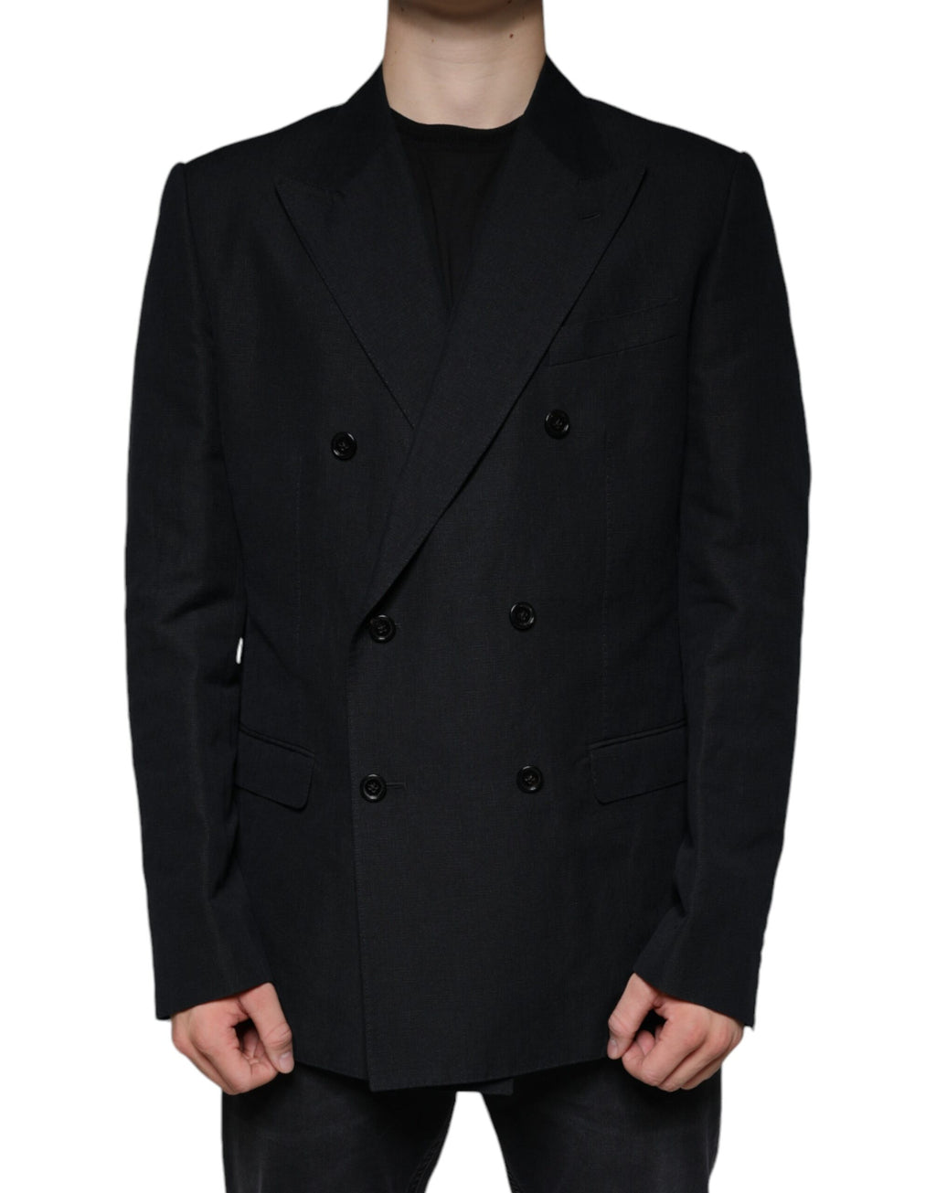 Veste blazer Dolce & Gabbana en lin noir à double boutonnage, vue de face, détail élégant et tissu texturé visible.