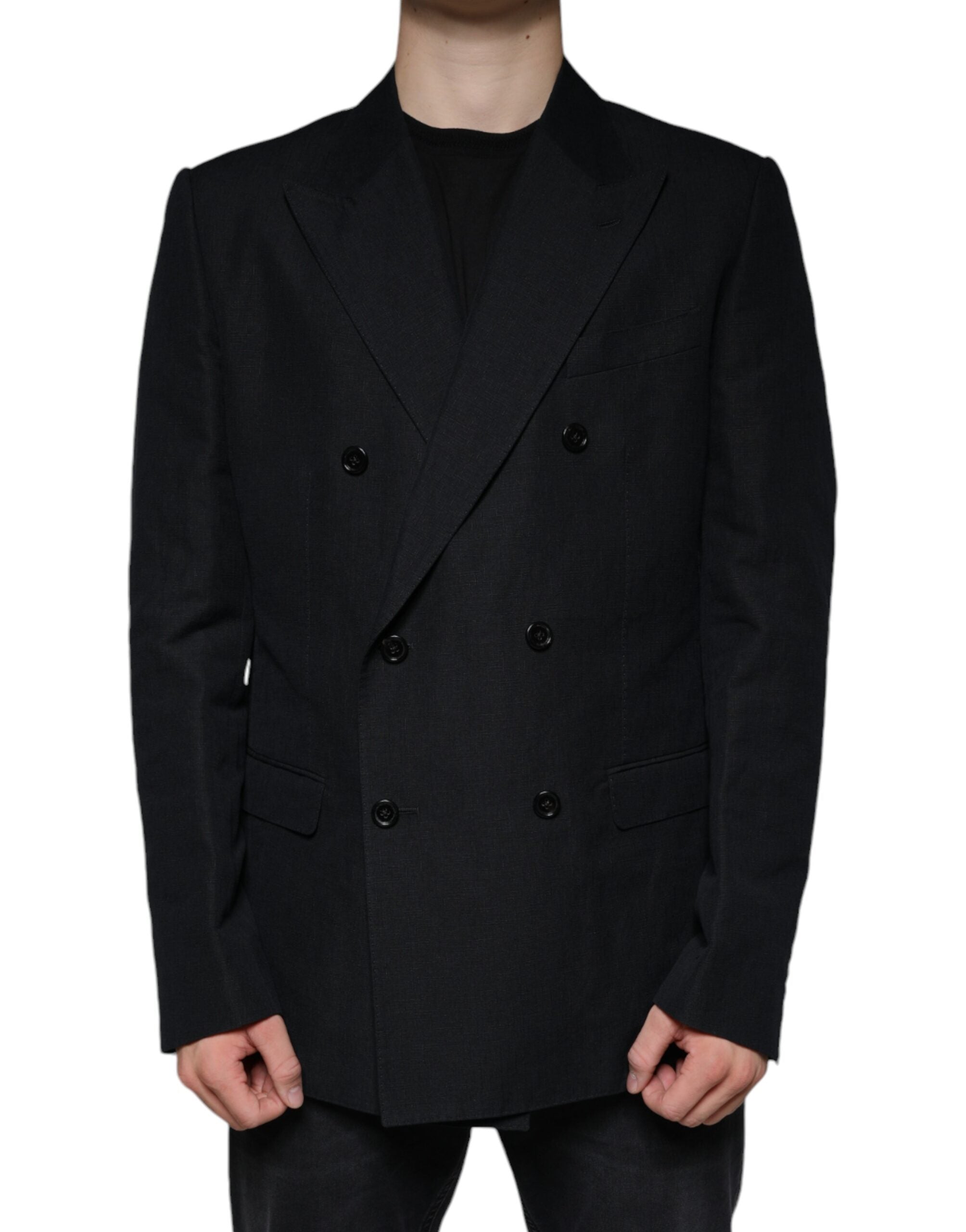 Veste blazer Dolce & Gabbana en lin noir à double boutonnage, vue de face, détail élégant et tissu texturé visible.