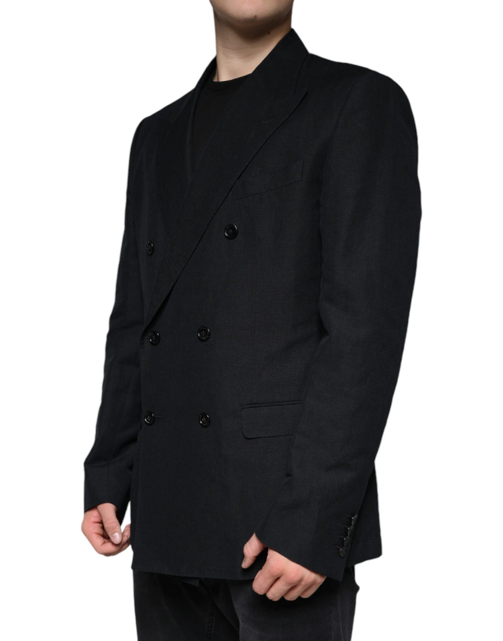 Blazer noir en lin Dolce & Gabbana à double boutonnage, veste élégante pour femme, détails sophistiqués et couture haut de gamme.