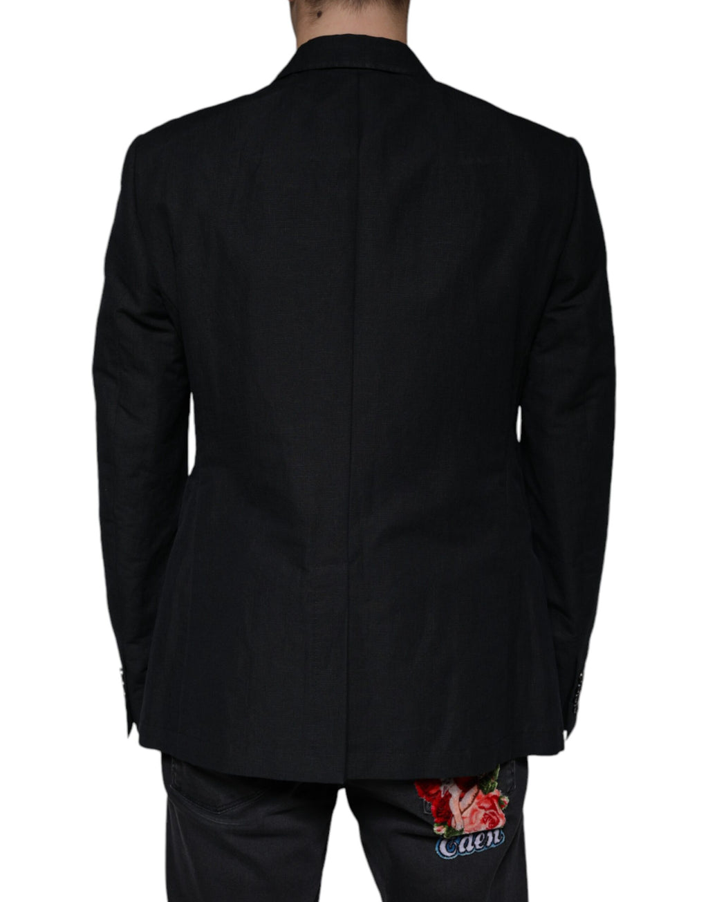 Blazer noir en lin Dolce & Gabbana à double boutonnage, élégante veste pour femme avec coupe sophistiquée.