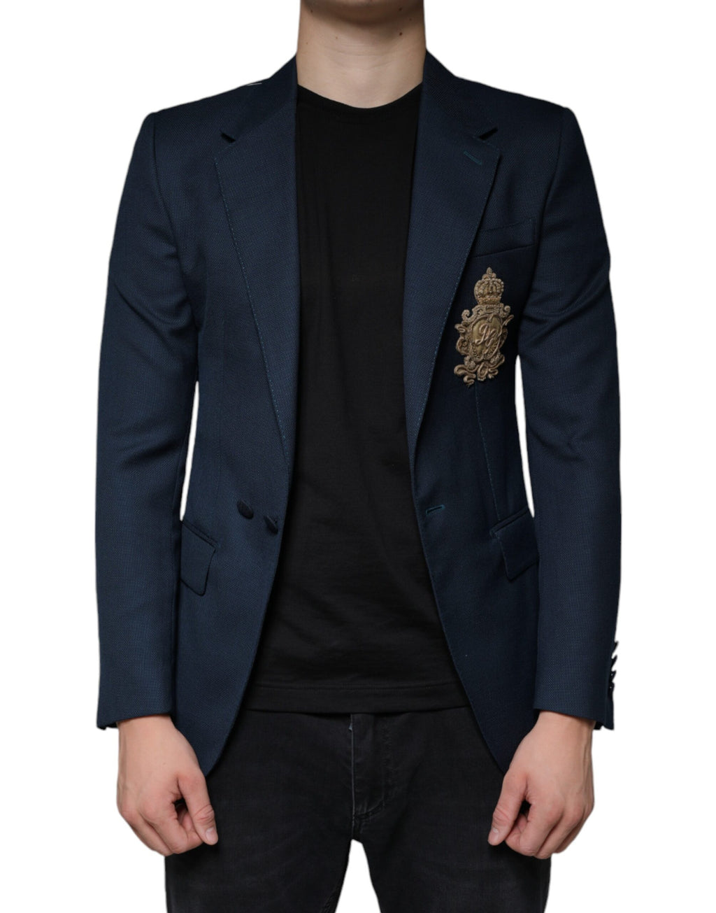 Manteau blazer en laine bleue Dolce & Gabbana à logo, simple boutonnage, élégance classique et coupe ajustée.