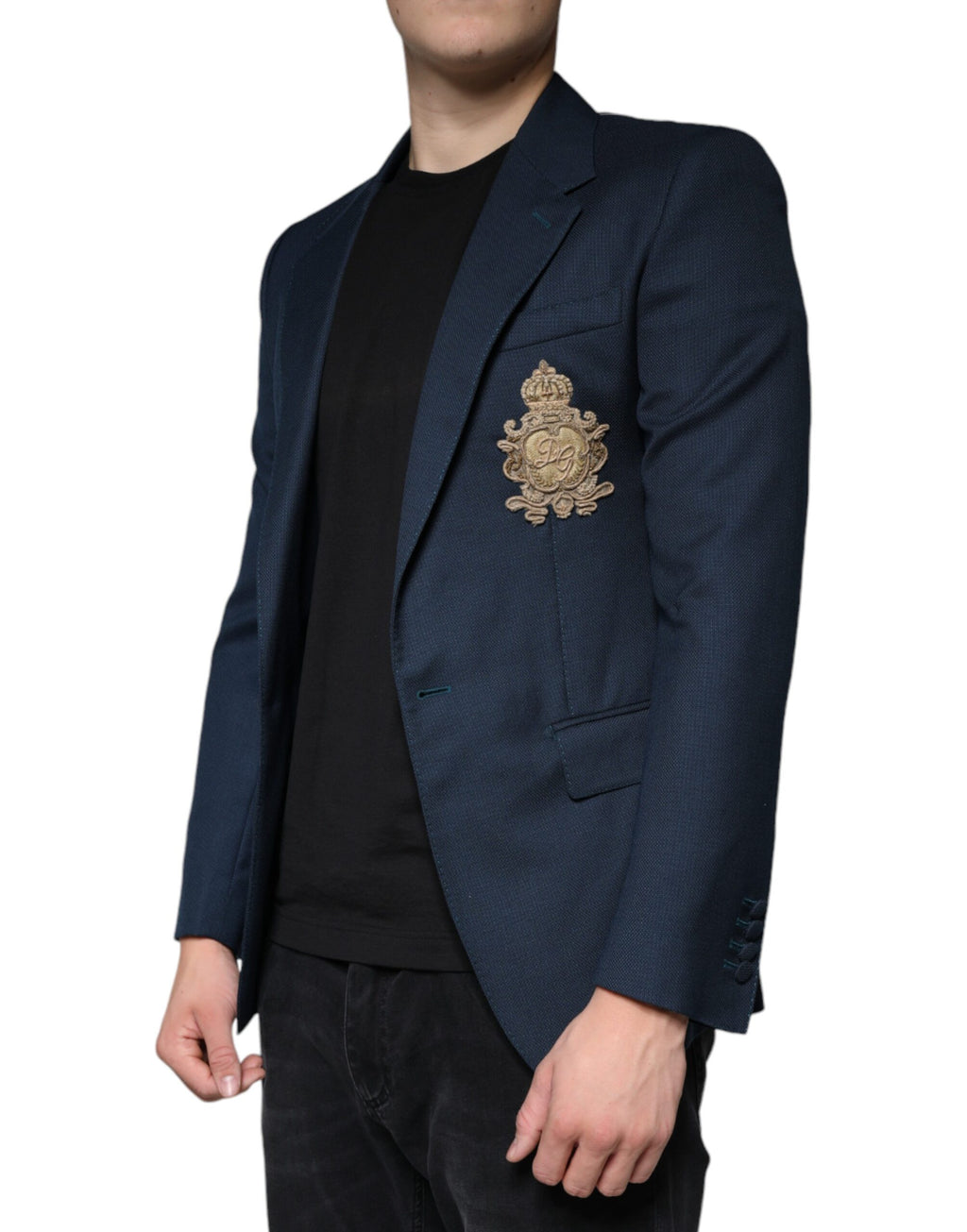Manteau blazer bleu en laine Dolce & Gabbana avec logo, coupe simple boutonnage, style élégant et sophistiqué.