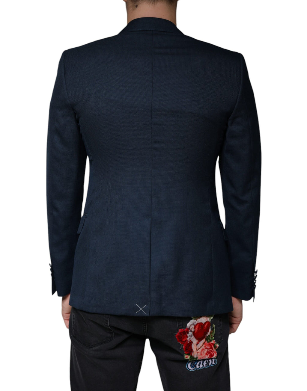 Manteau blazer en laine bleue Dolce & Gabbana à logo, simple à double boutonnage, classique et élégant.