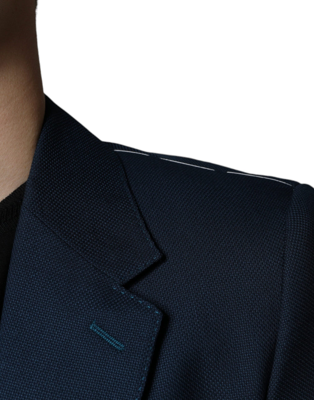 Manteau blazer en laine bleue Dolce & Gabbana avec logo, coupe croisée simple, élégant et sophistiqué.