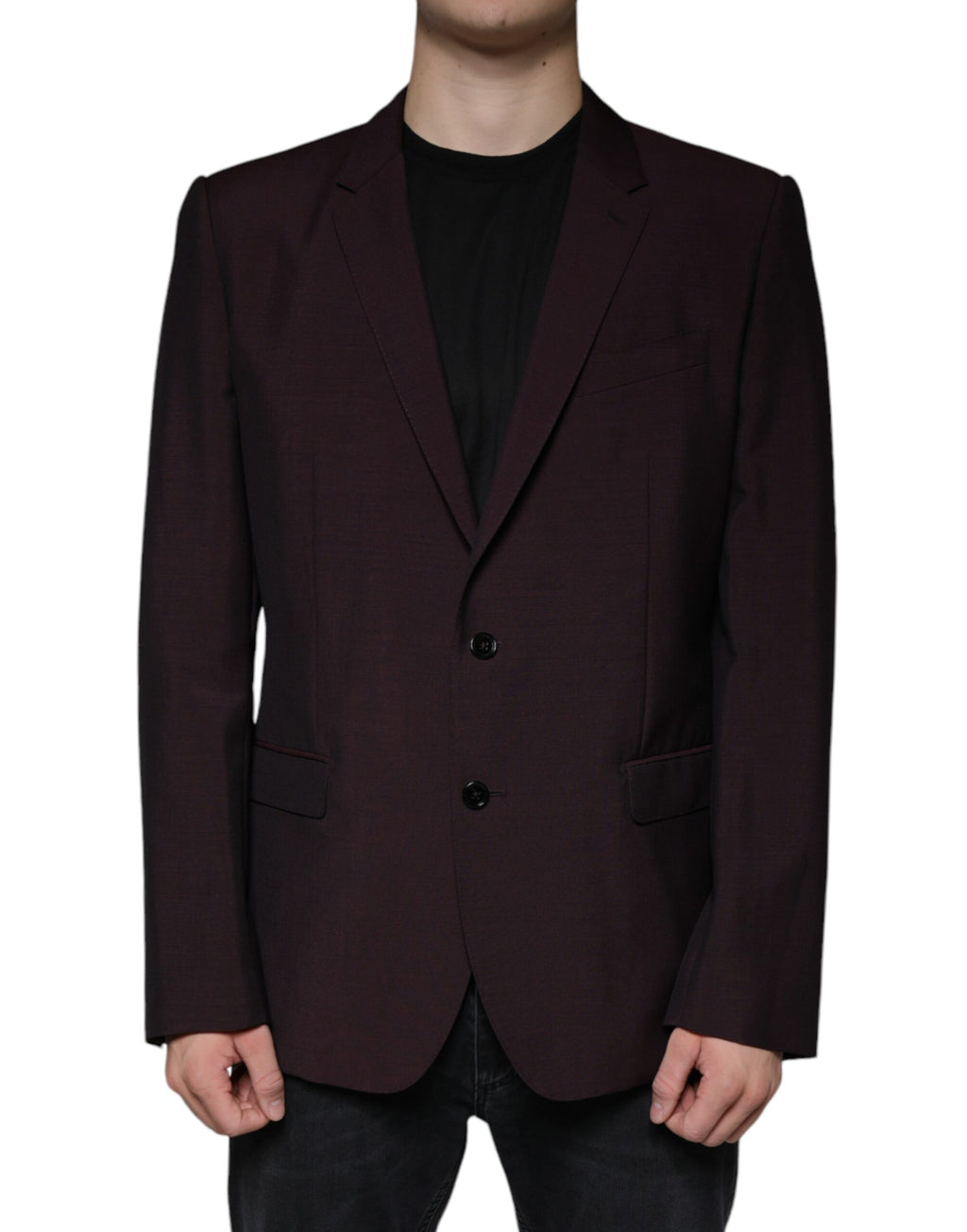 Veste blazer en laine Bordeaux à boutonnière simple de Dolce & Gabbana, élégante et classique, portée sur un mannequin.