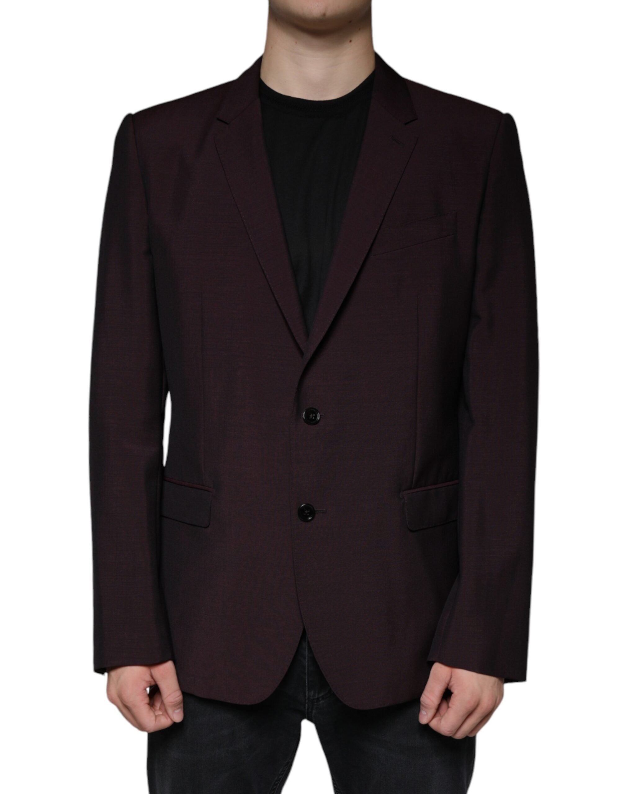 Veste blazer en laine Bordeaux à boutonnière simple de Dolce & Gabbana, élégante et classique, portée sur un mannequin.