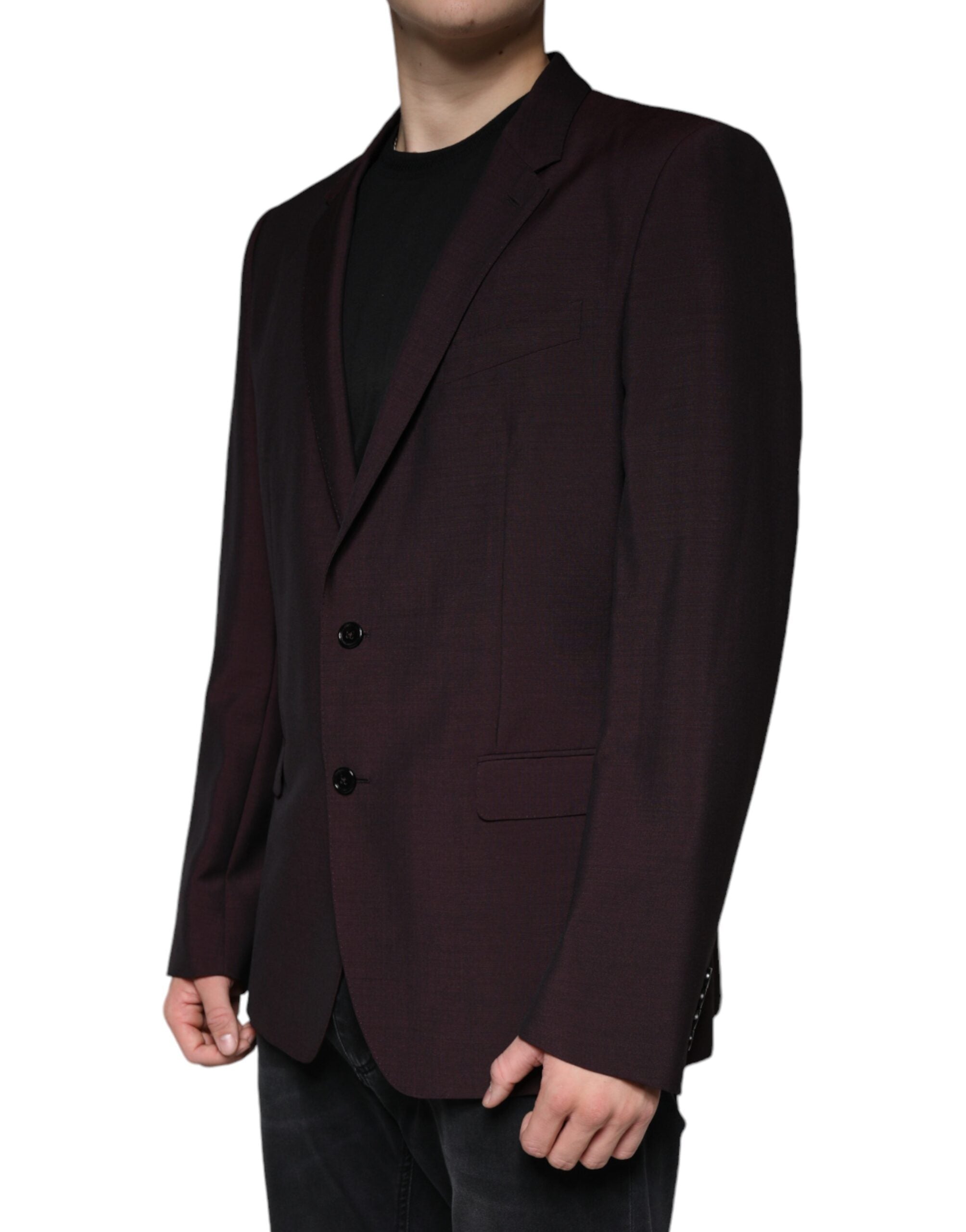 Veste blazer en laine bordeaux à un seul bouton de Dolce & Gabbana, coupe élégante et look sophistiqué.