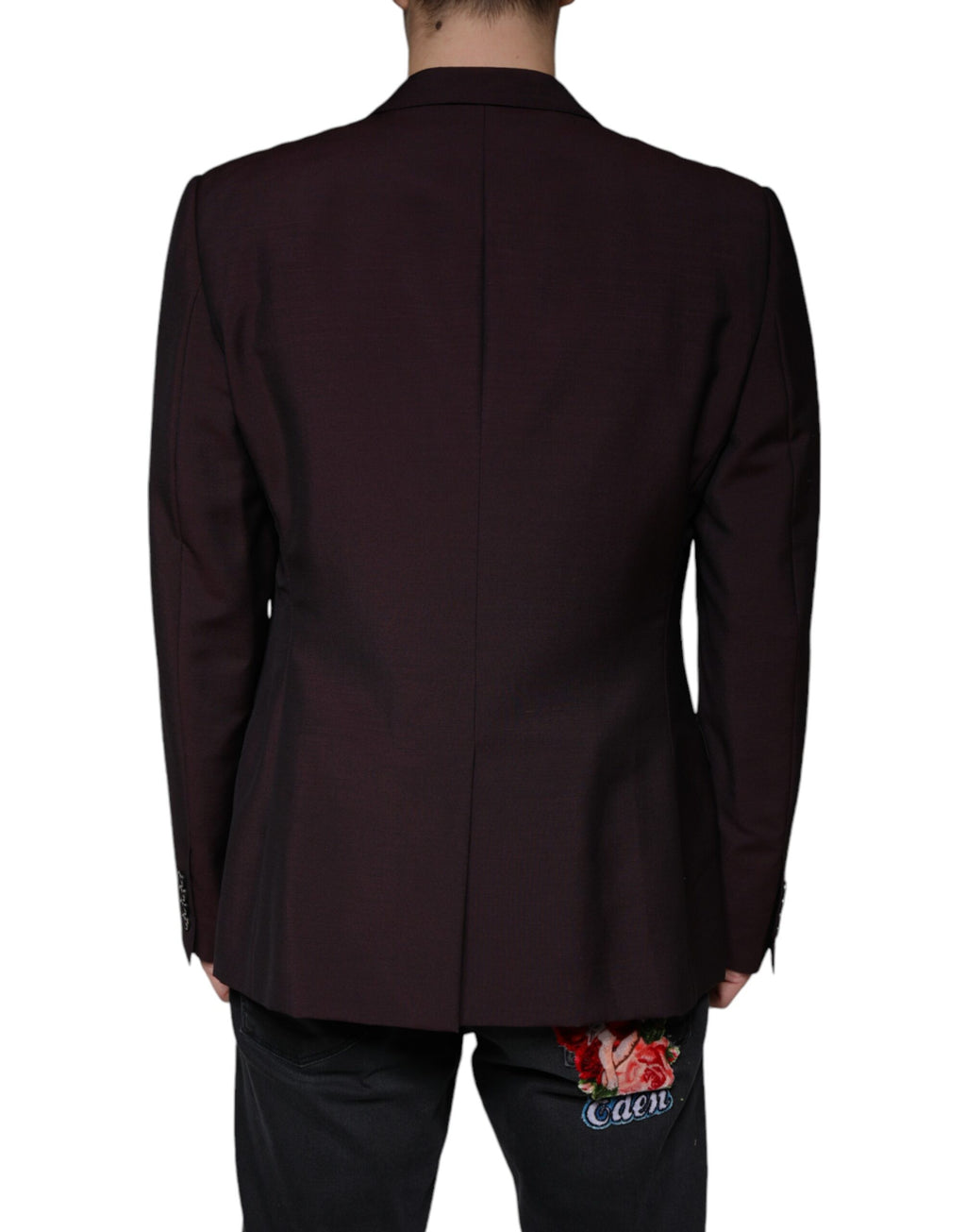 Veste blazer en laine bordeaux à un bouton de Dolce & Gabbana, coupe classique avec col en V et pochettes latérales.