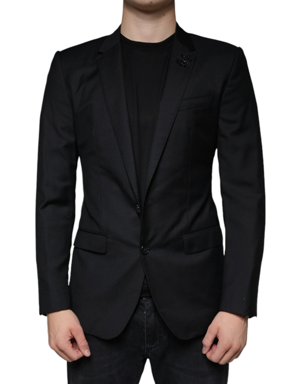 Veste blazer noire Dolce & Gabbana Martini Bee à deux boutons, coupe classique et détails élégants.