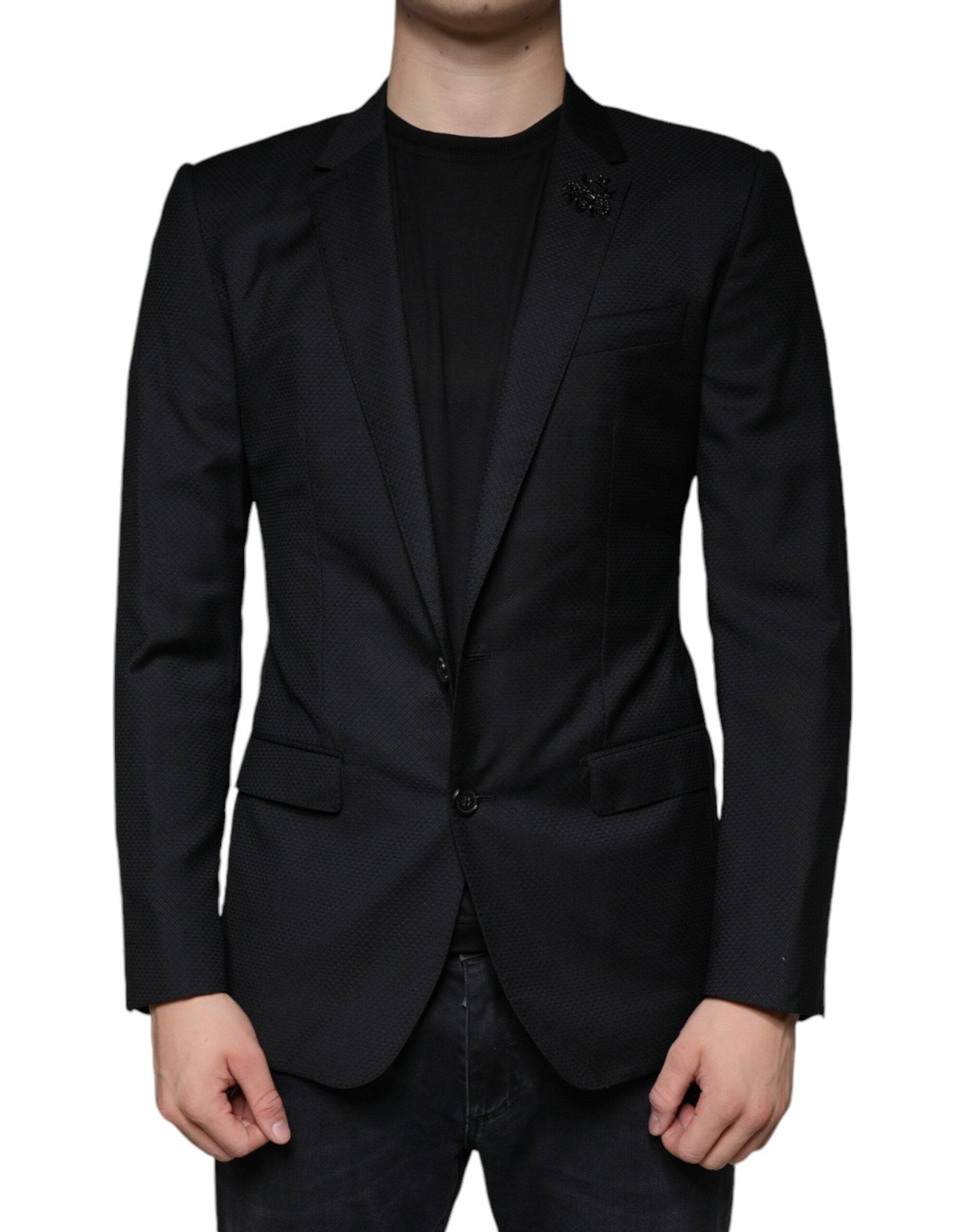 Veste blazer noire Dolce & Gabbana Martini Bee à deux boutons, coupe classique et détails élégants.