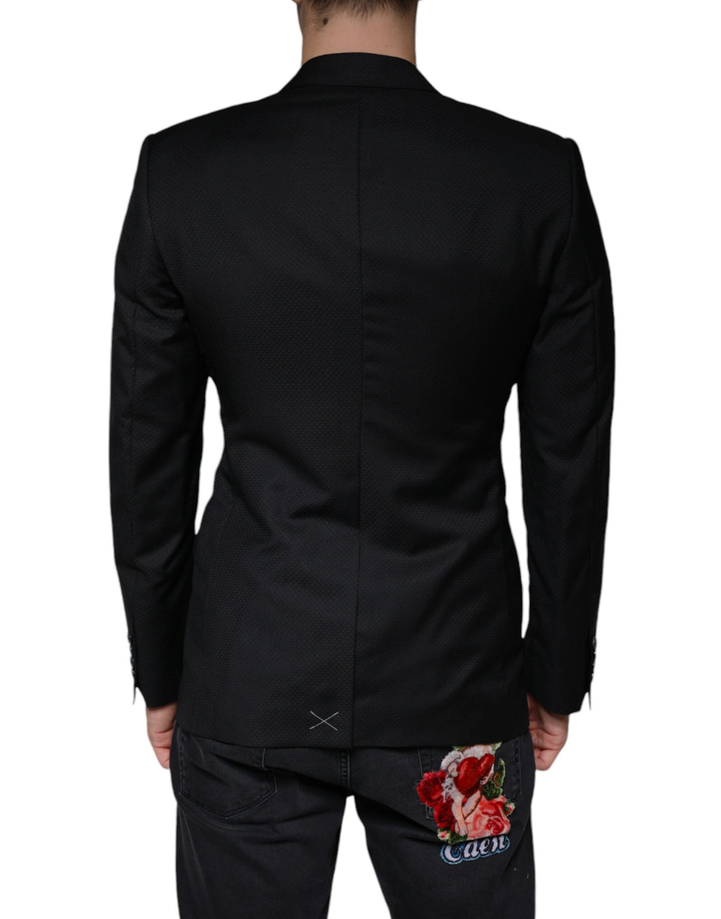 Veste noire Dolce & Gabbana MARTINI Bee à boutonnière simple en laine avec détails élégants.