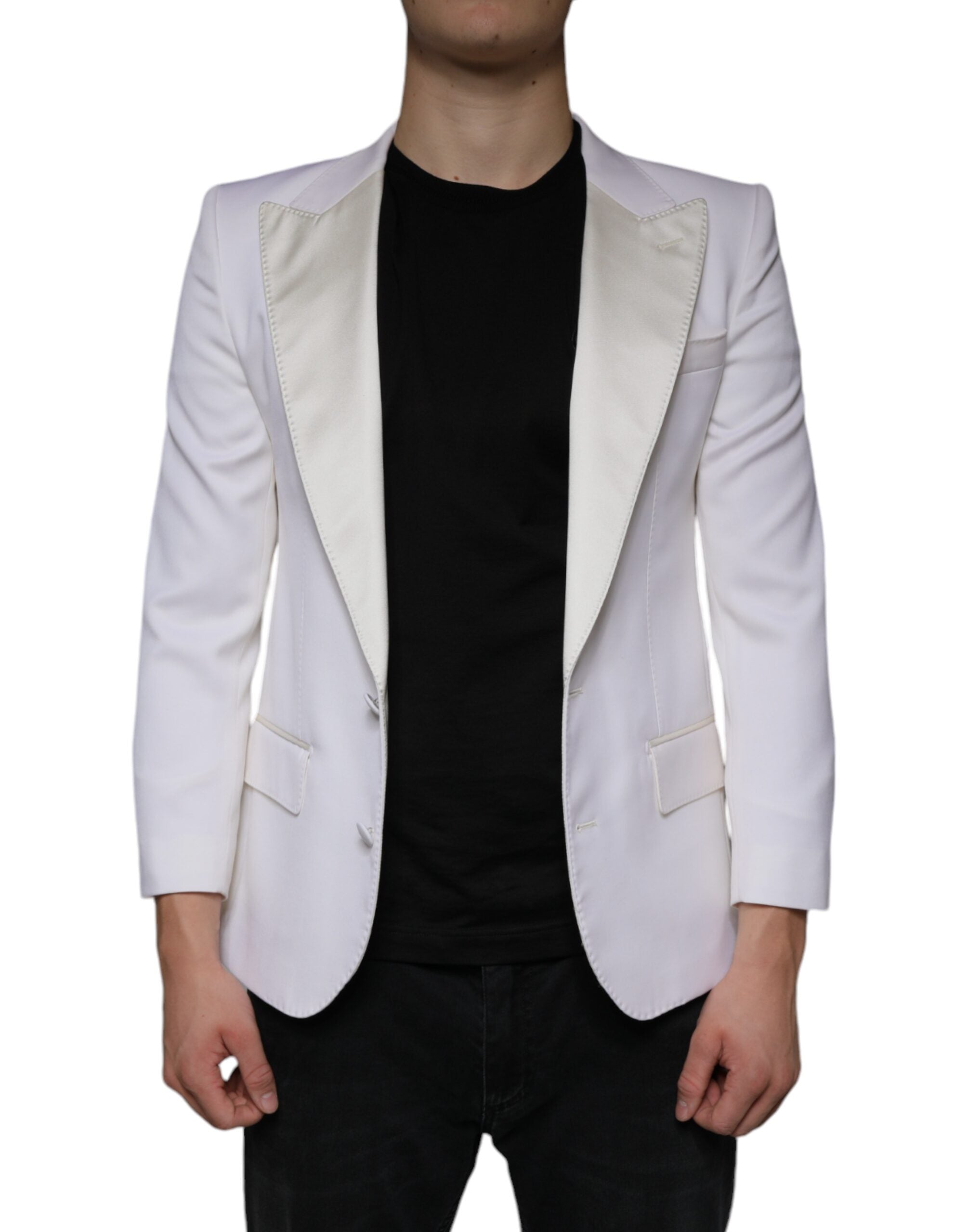 Veste blazer en laine blanche Dolce & Gabbana, coupe simple et boutonnage simple, vue de face sur mannequin.