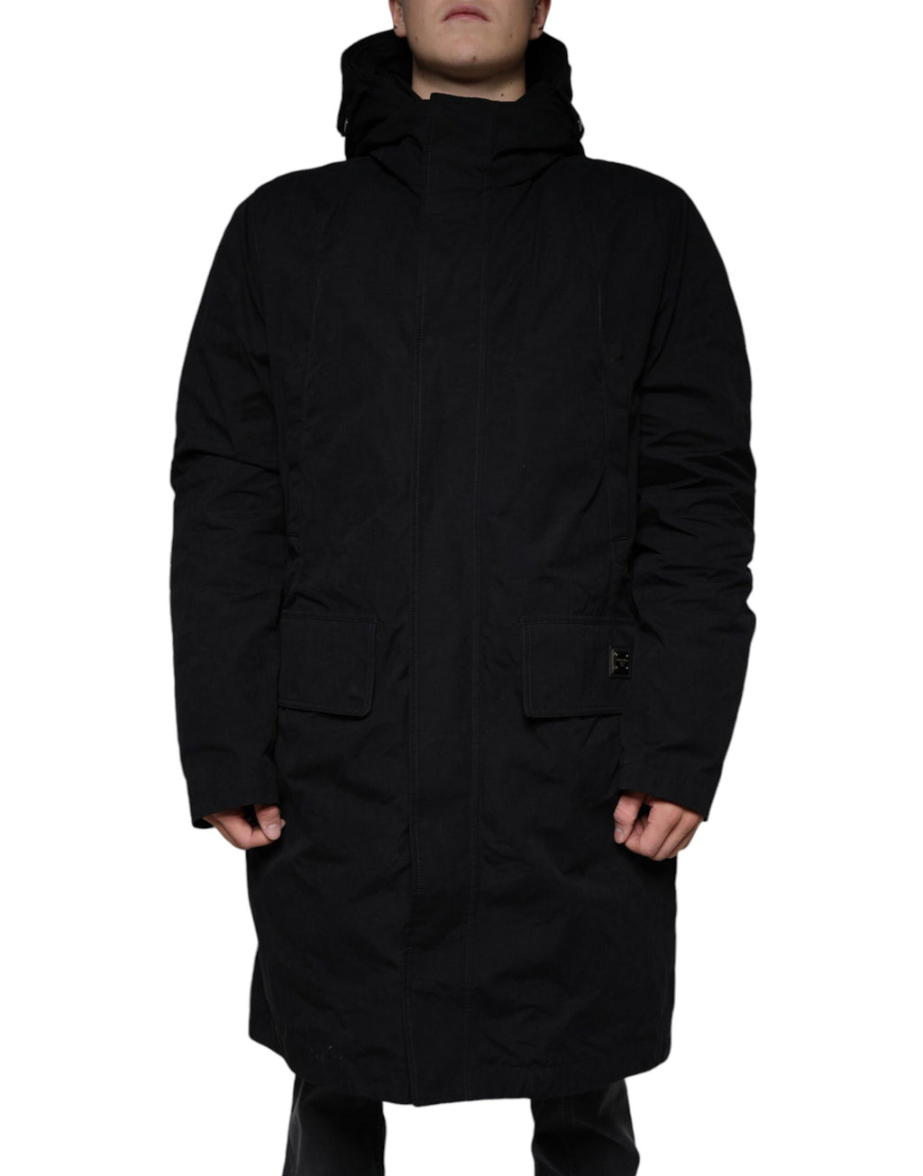 Veste parka noire avec capuche en coton de Dolce & Gabbana, manteau trench décontracté et élégant pour homme ou femme