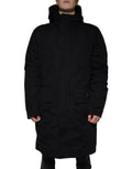 Manteau trench noir Dolce & Gabbana avec capuche en coton, veste longue élégante avec fermeture à boutons et détails modernes.