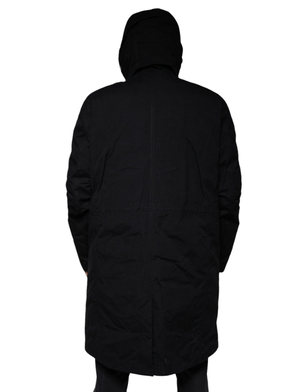 Parka noir Dolce & Gabbana avec capuche, en coton, trench coat élégant et décontracté, visible sur l'image.