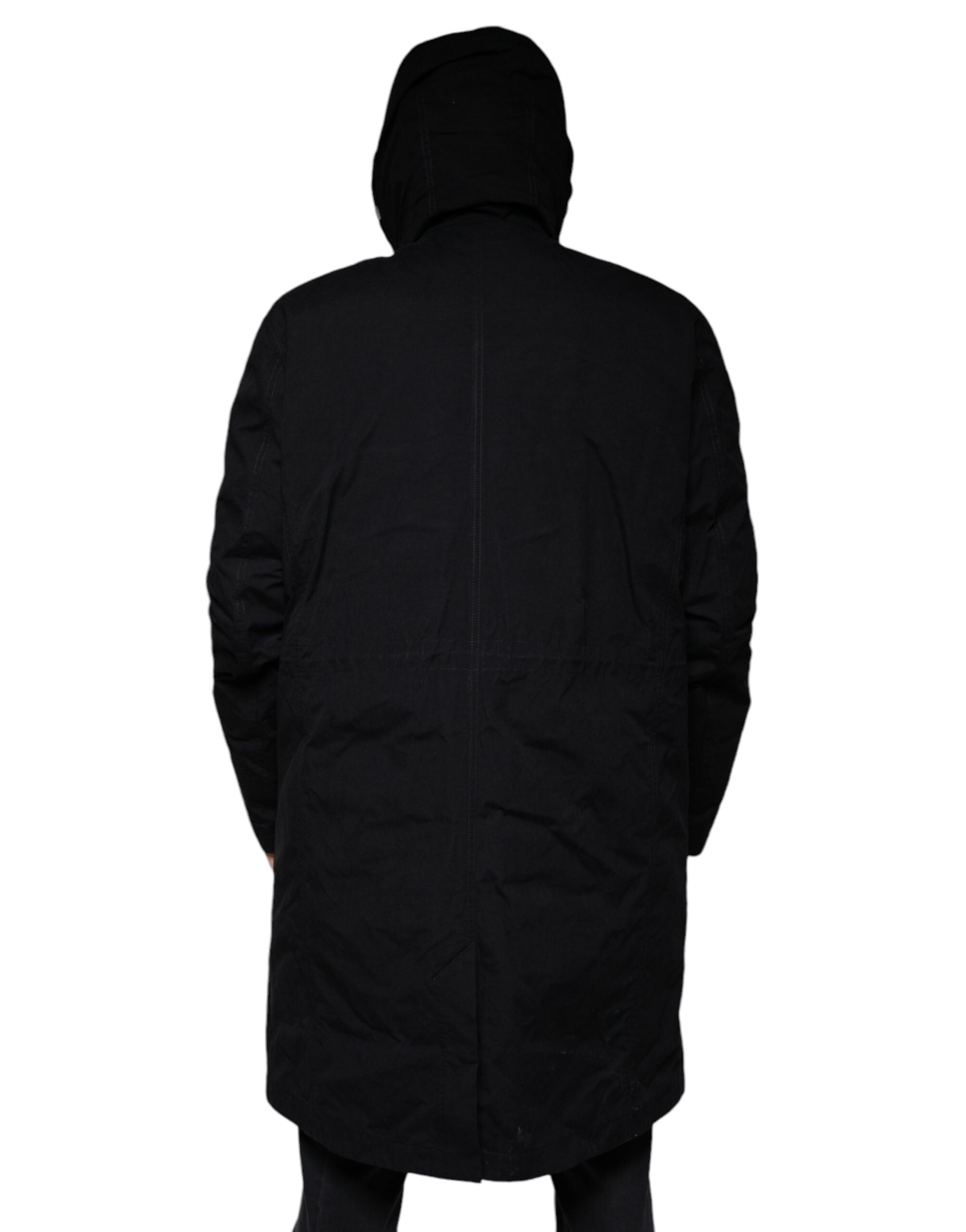 Parka noir Dolce & Gabbana avec capuche, en coton, trench coat élégant et décontracté, visible sur l'image.