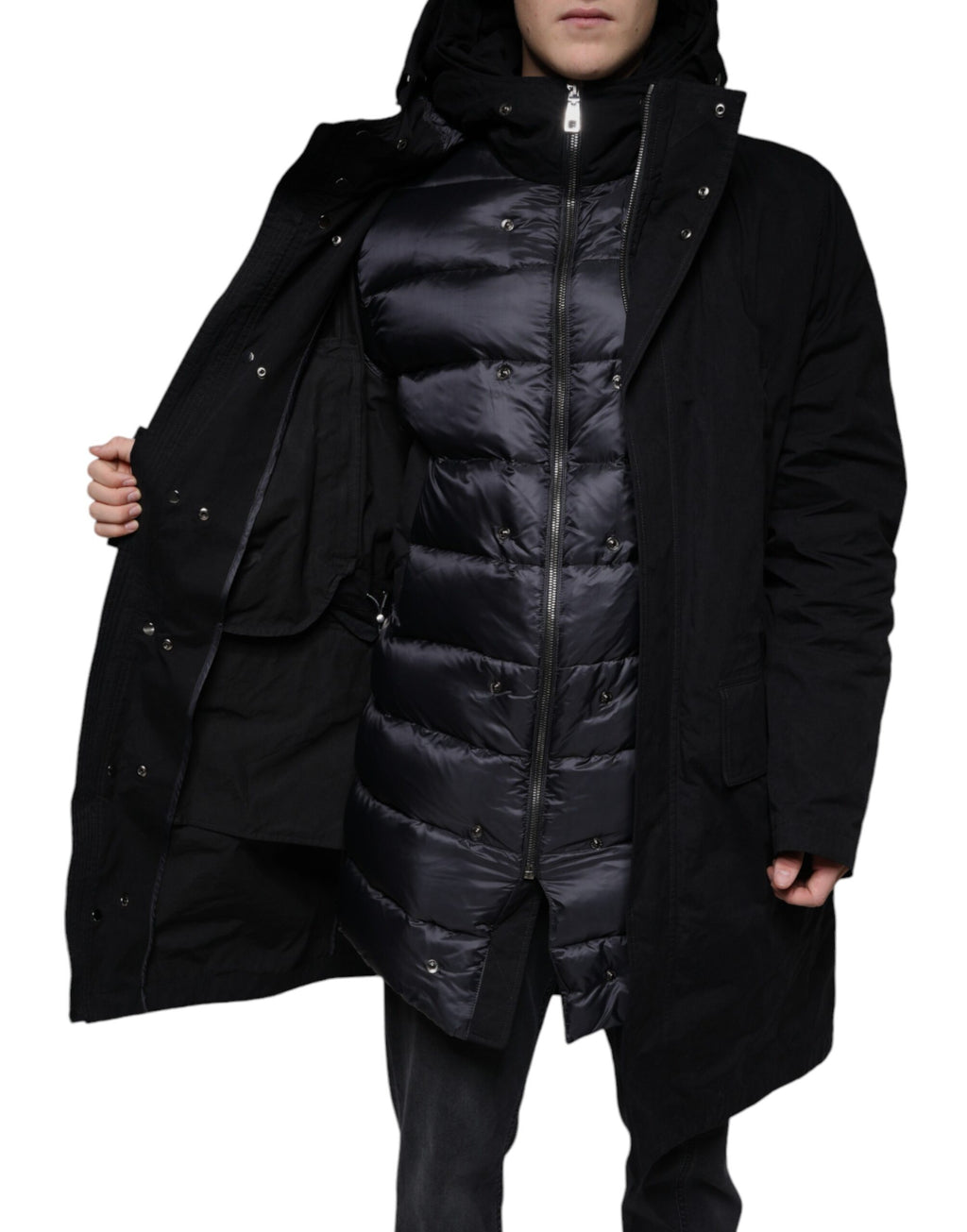 Veste trench noire Dolce & Gabbana avec capuche en coton, style parka élégante et décontractée, vue de face.