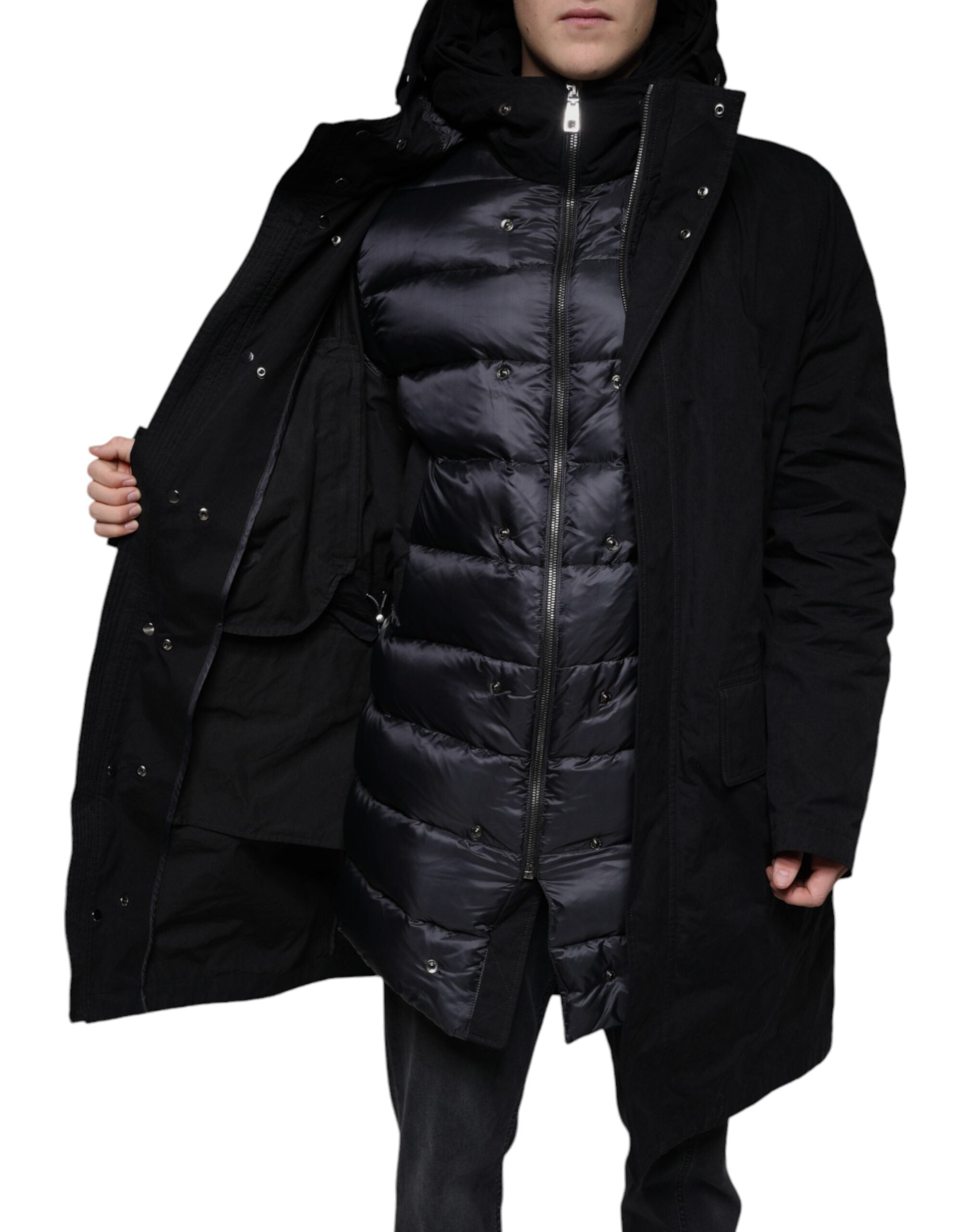 Veste trench noire Dolce & Gabbana avec capuche en coton, style parka élégante et décontractée, vue de face.