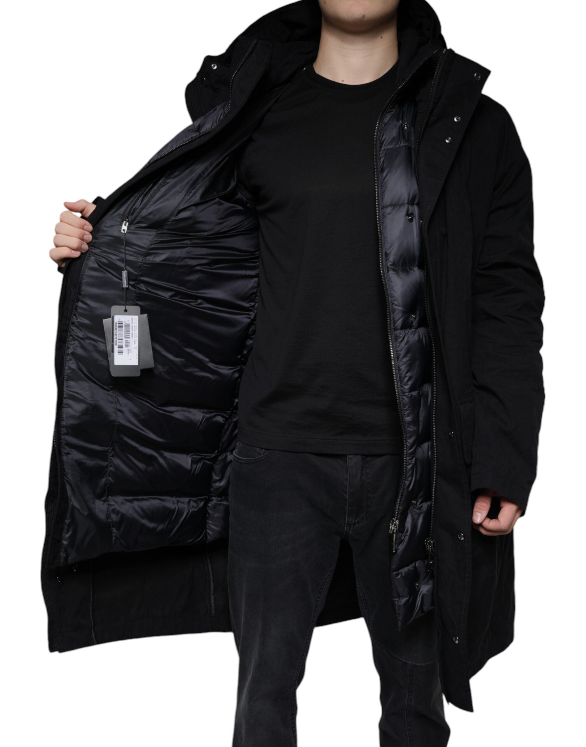 Manteau trench noir Dolce & Gabbana avec capuche en coton, style parkas, vue de face sur le produit.