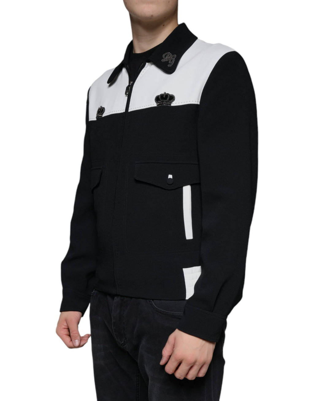 Blouson Dolce & Gabbana noir et blanc avec fermeture éclair et motif couronne DG, veste décontractée pour homme.