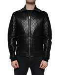 Veste noire en cuir de veau rembourré avec fermeture éclair complète de la marque Dolce & Gabbana, vue de face.