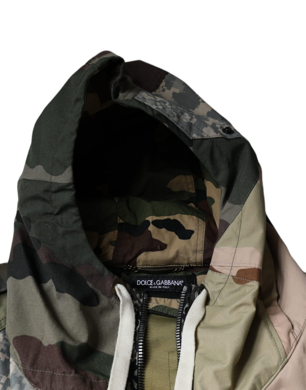 Veste à capuche Dolce & Gabbana multicolore camouflage avec zip complet, style décontracté et détails modernes.