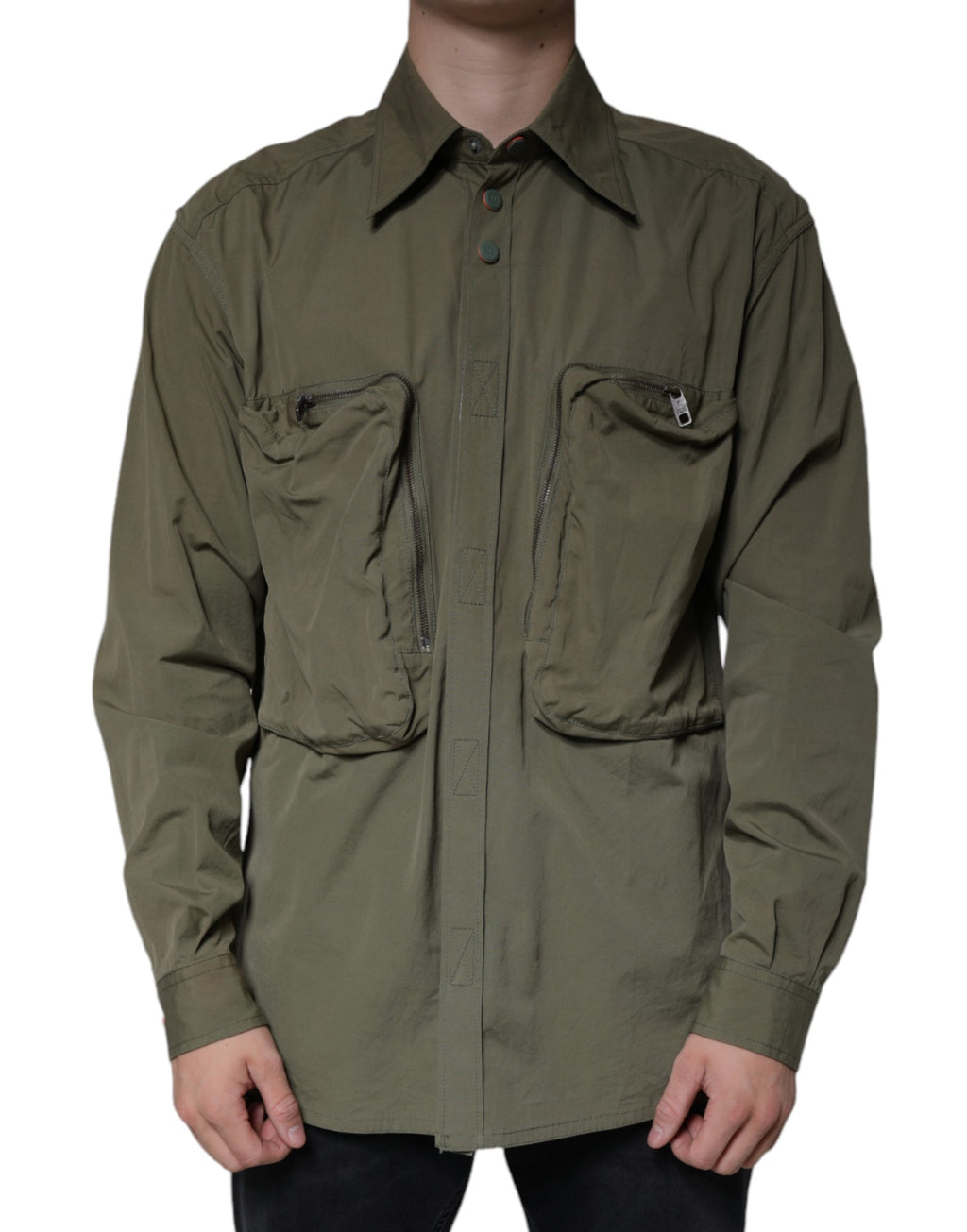 Veste militaire verte en coton de Dolce & Gabbana avec col rabattable, style élégant et décontracté.